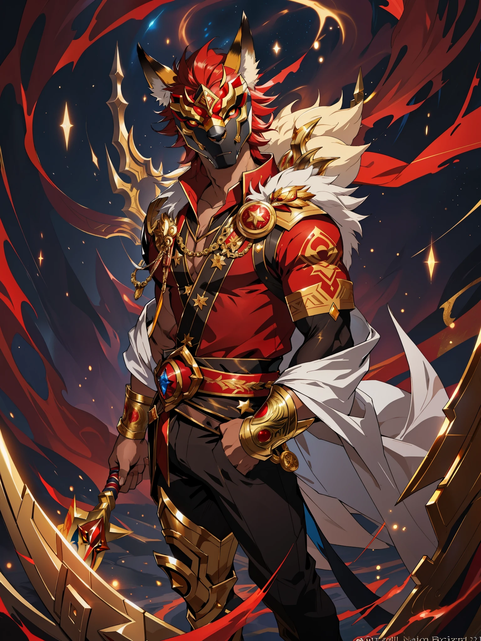 solo, male, humanoid, (detailed cloth, stars, body), (brown fur, majestic print), (black body), white mask, (gold decals), glowing eyes, fox mask, detailed mask, detailed face, detailed eyes, gold accessories detailed body, robes, detailed face, detailed eyes, red collar, red slack pants, gold markings, sash, gold trimming, red undershirt, red shirt, full body, league of legends splash art, official splash art, riot games concept art, arcana skin, splash art, gold stars, gold decal,