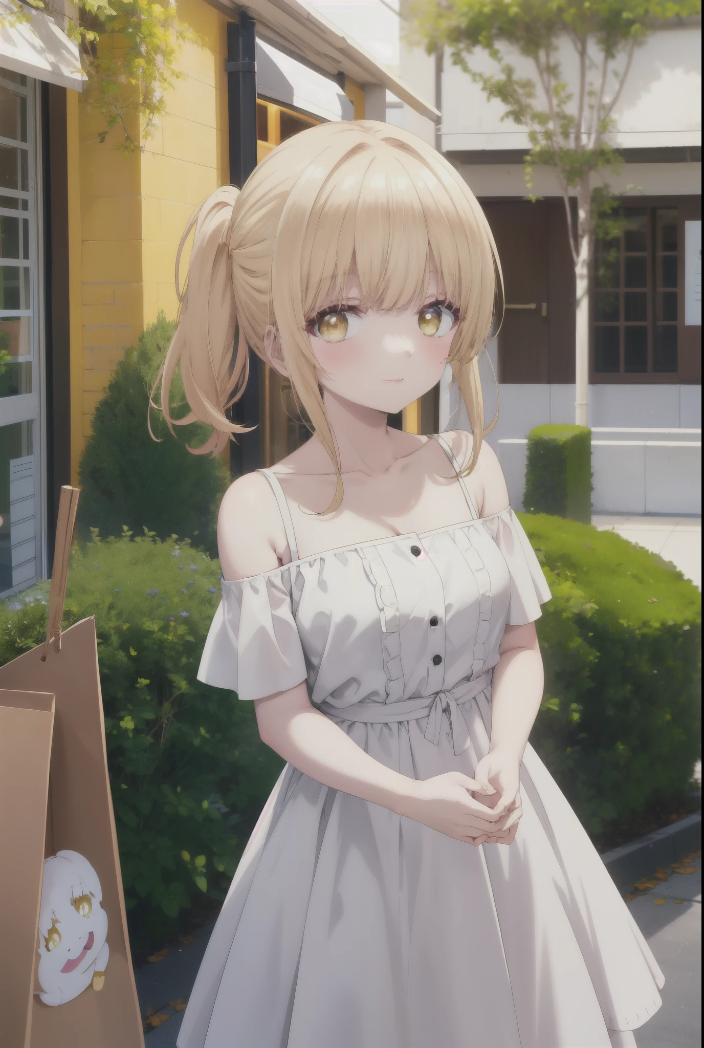 mahirushiina, Mahiru Shiina, bangs, blonde hair, brown hair, (yellow eyes:1.3), blush,smile,naked neck,bare clavicle,bare shoulders,white off shoulder sweater,black long skirt,Cute Sandals,have shopping bags,
break outdoors,In town,スーパーマーケット入り口
break looking at viewer,removed from above,whole body, (cowboy shot:1.5),
break (masterpiece:1.2), highest quality, High resolution, unity 8k wallpaper, (figure:0.8), (detailed and beautiful eyes:1.6), highly detailed face, perfect lighting, Very detailed CG, (perfect hands, perfect anatomy),