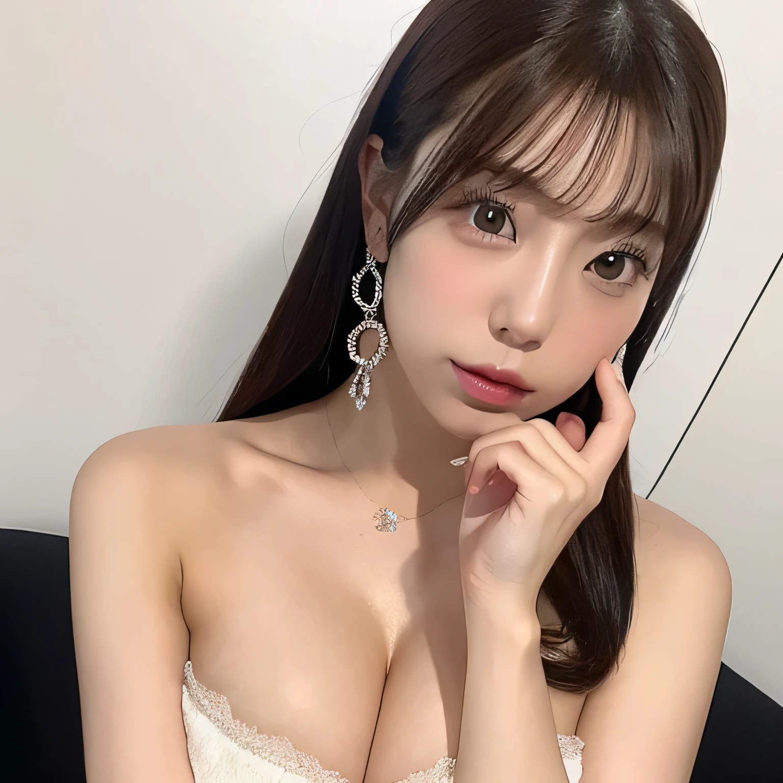 masterpiece, highest quality, alone, 1 girl, glowing skin, hoop earrings, glamorous, quirky details, slicked hair, attractive, bare shoulders, crop top, long pants, shallow depth of field, contrasting, professional model, facing the front, portrait ,(beautiful big breasts:1.2) ,20 year old girl、cute、sexy shot looking at camera、(highest quality: 1.3), (masterpiece: 1.3), (Super detailed: 1.3), (wallpaper, one girl: 1.1)、(delicate hands and fingers:1.2)、(Are you okay, Super oily and shiny skin:1.1,table top、highest quality、shape、 Super detailedな、High resolution、8Kのwallpaper、完璧なダイナミックな構shape,、Beautiful and detailed Idium hair、(beautiful big breasts:1.3)、