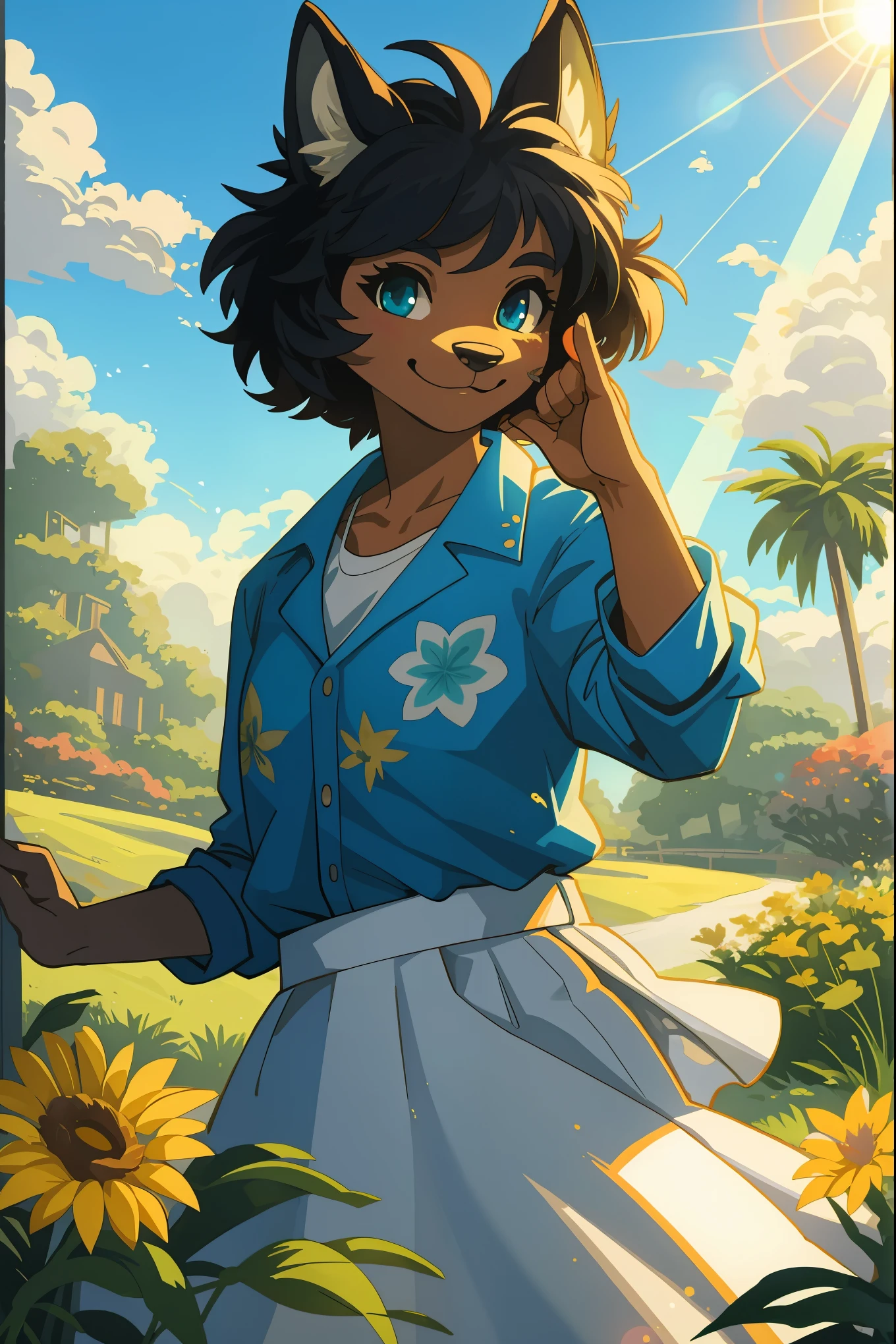 1980 VHS poster art for a Vice City inspired movie, top quality, highres, High-quality illustrations, unparalleled masterpiece(movie of life)nature inspired imagery, rendered in maya, romanticized views, lively illustrations, hyper realistic, whimsical cartoonish, farm, Blue sky, clouds, florals Beautiful garden(furry anthro, solo, girl, casual fashion, Relux pose, Smile)absurdres, perfect anatomy, caustics, cinematic lighting, lens flare, deep shadow, dynamic angle,