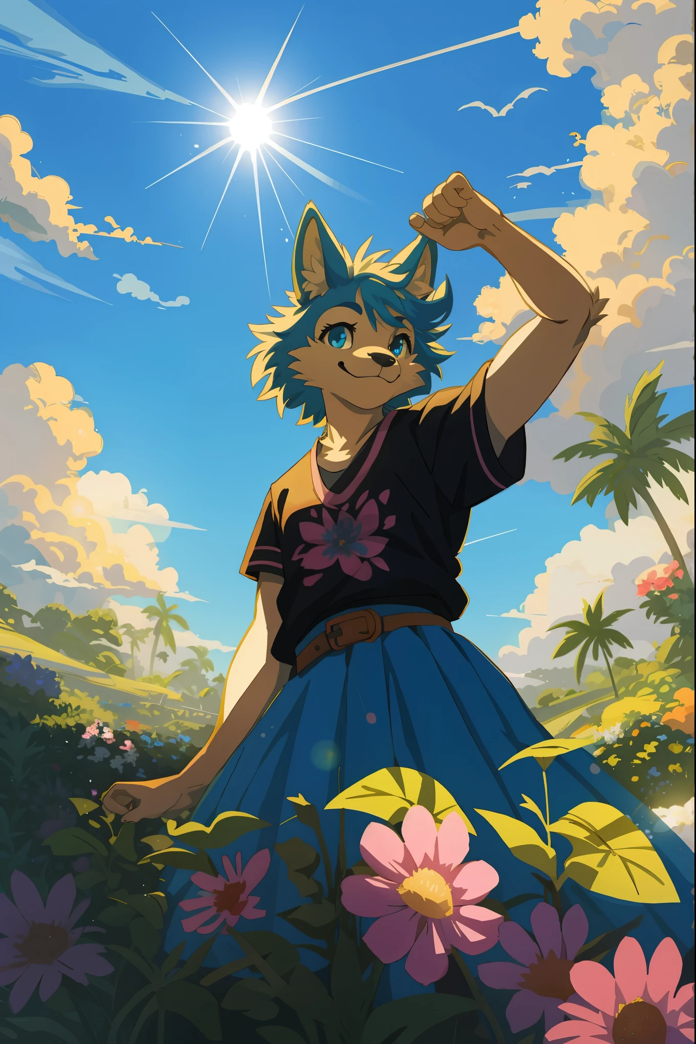 1980 VHS poster art for a Vice City inspired movie, top quality, highres, High-quality illustrations, unparalleled masterpiece(movie of life)nature inspired imagery, rendered in maya, romanticized views, lively illustrations, hyper realistic, whimsical cartoonish, farm, Blue sky, clouds, florals Beautiful garden(furry anthro, solo, girl, casual fashion, Relux pose, Smile)absurdres, perfect anatomy, caustics, cinematic lighting, lens flare, deep shadow, dynamic angle,