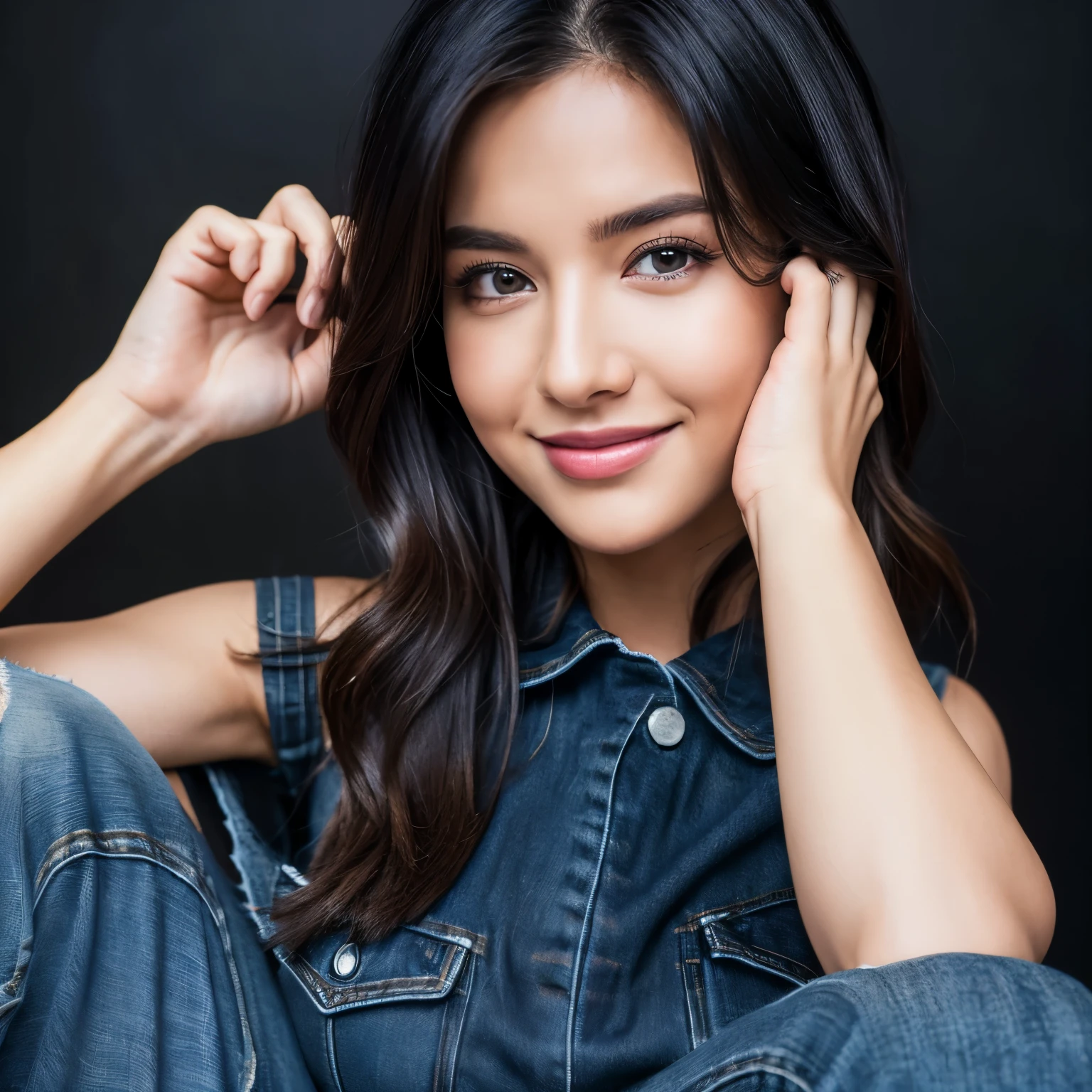 (best quality, 4k, 8k, highres, masterpiece:1.2), ultra-detailed, (realistic, photorealistic, photo-realistic:1.37), beautiful girl, full body, detailed face and hand,sharp jawline ,beautiful detailed eyes, cute smile, trendy instagram influencer, wearing a fashionable black peplum top, studio lighting,  black dark hair, long hair, wavy hair , dark blue distressed jeans, huge pelvig