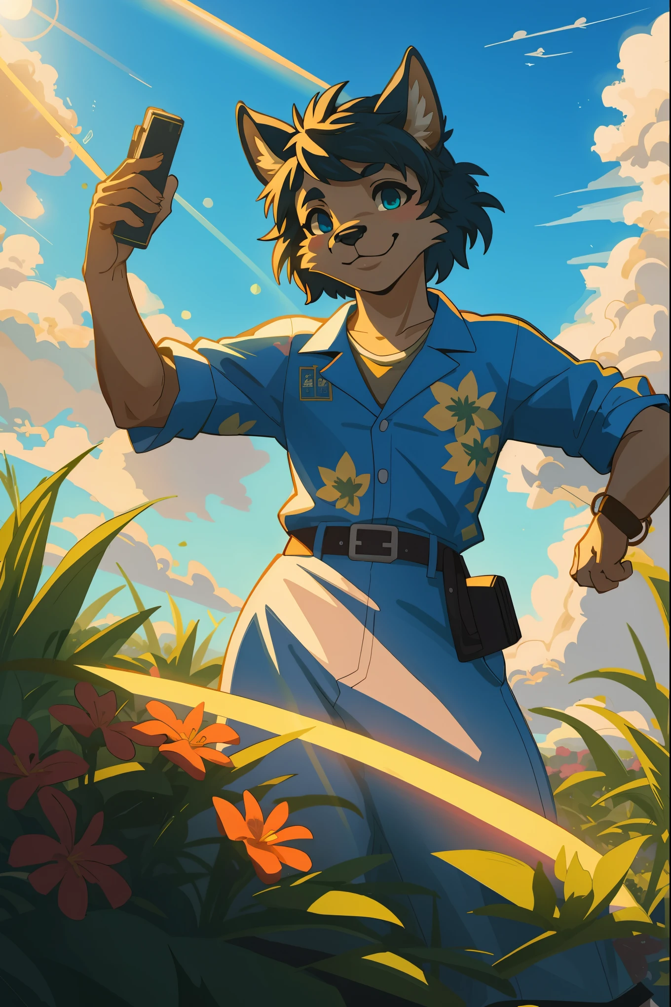1980 VHS poster art for a Vice City inspired movie, top quality, highres, High-quality illustrations, unparalleled masterpiece(movie of life)nature inspired imagery, rendered in maya, romanticized views, lively illustrations, hyper realistic, whimsical cartoonish, farm, Blue sky, clouds, florals Beautiful garden(furry anthro, solo, girl, casual fashion, Relux pose, Smile)absurdres, perfect anatomy, caustics, cinematic lighting, lens flare, deep shadow, dynamic angle,