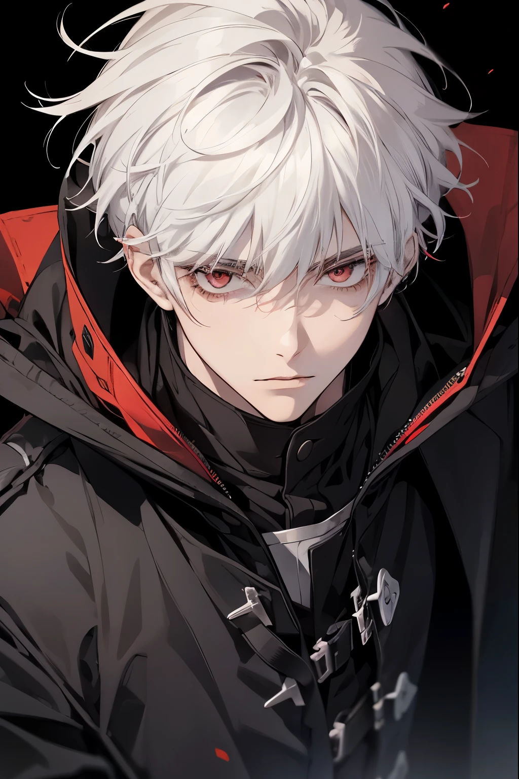 1male, calm, age 25 face, short messy with bangs, white hair, Red colored eyes, Black Coat, black clothes, black background, adult face, modern times, close up, instrument