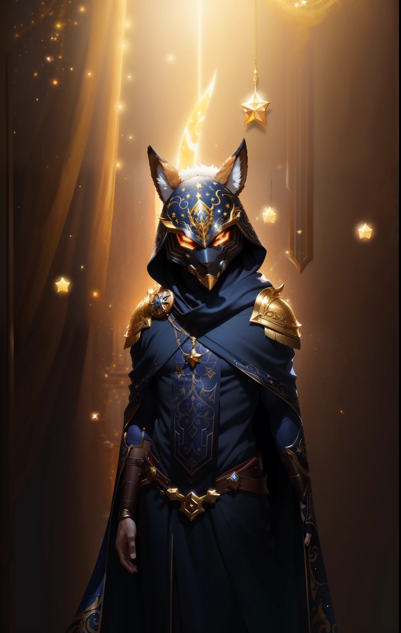 solo, humanoid, ((detailed cloth, stars, robed body)), (brown fur, majestic print), black body, white mask, gold helmet, glowing eyes, Fox mask, mask, detailed teeth, detailed face, detailed fluffy fur, detailed face, detailed eyes, detailed body, robed armor, detailed face, shroud, dark blue slack pants, sash, gold trimming, armor, red undershirt, red shirt, full body, league of legends splash art, official splash art, riot games concept art, arcana skin, splash art, (masterpiece, high quality, hi-res,8k), standing, close-view portrait, looking at viewer, indoor, happy expression, day, smirk, dynamic pose,