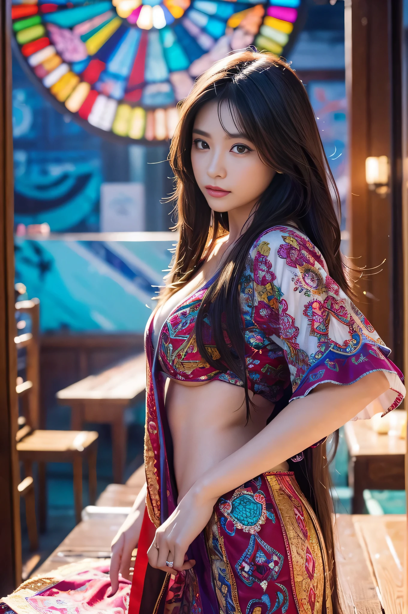 (photorealistic stick:1.2)、sharp focus、Painting of a woman with long hair and colorful hair、(Accurate anatomy body and hands)、4 fingers and 1 thumb、Bewitching、sexy、eros、The well-proportioned body of six heads、beautiful face、detailed face、perfect proportions、big breasts、thin waist、navel、big ass、gap between crotches、sexy thighs、(dynamic pose、change pose、dynamic angle,)、(Beautiful stained glass background)、(Her costume is made of thin highly reflective digital film)、beautiful digital illustration、stunning digital illustrations、gorgeous digital art、beautiful artistic illustration、Beautiful digital artワーク、Beautiful digital art、beautiful digital illustration、intricate digital painting、非常にBeautiful digital art、vibrant digital paintings、Beautiful and gorgeous digital art、psychedelic long flowing hair、colorful digital paintings、inspiring digital art、stylized digital art、