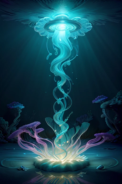 best quality,ultra-detailed,realistic,photorealistic:1.37,jellyfish in the deep sea,Jellyfish illuminated by bioluminescent glow,dreamy and ethereal,translucent and graceful,swimming gracefully in the dark,currents carrying them gently,bioluminescent trails,underwater world,ambient blue and green hues,majestic tentacles flowing mesmerizingly,delicate movements creating captivating patterns,bioluminescent creatures,otherworldly beauty,quiet and serene environment,darkness contrasting with vibrant pops of color,illuminated by specks of light,ethereal glow highlighting the intricate details,luminescent trails creating a sense of magic and mystery,surreal and enchanting,submerged in tranquility and calmness