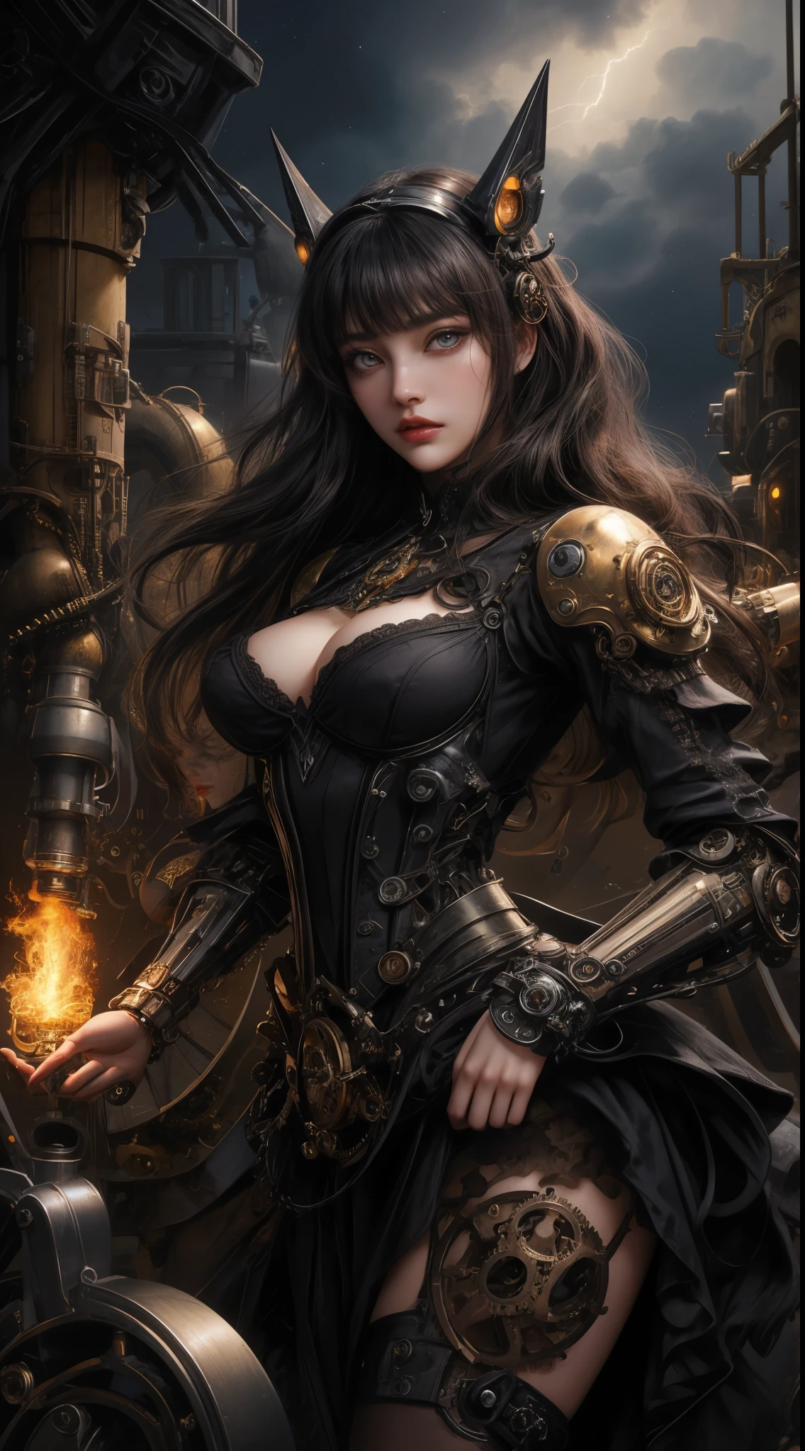 Mechanical doll magical girl, female, , very dynamic action pose, UHD, retina, masterpiece, anatomically correct, skin texture, super detailed, highly detailed, high quality, award winning, top quality, 16K, thick bangs, beautiful long black hair curled vertically and heavily disheveled in the wind, slit eyes, very large crescent-shaped eyes, very large dark gray eyes shining like jewels, long eyelashes, very thin little nose, very small mouth, very thin upper lip, light colored natural makeup, very slender and attractive body, (complex mechanical steampunk headgear, black lace flared skirt, complex mechanical overdecorated gothic lolita fashion combined with steampunk fashion), upturned very small beautiful breasts, (exploding flames in the background). (complex mechanic factory, lots of gears, lots of piping, lightning filled space sky), create highly detailed and realistic images, (super detailed background), (dark mysterious: 1. 2),