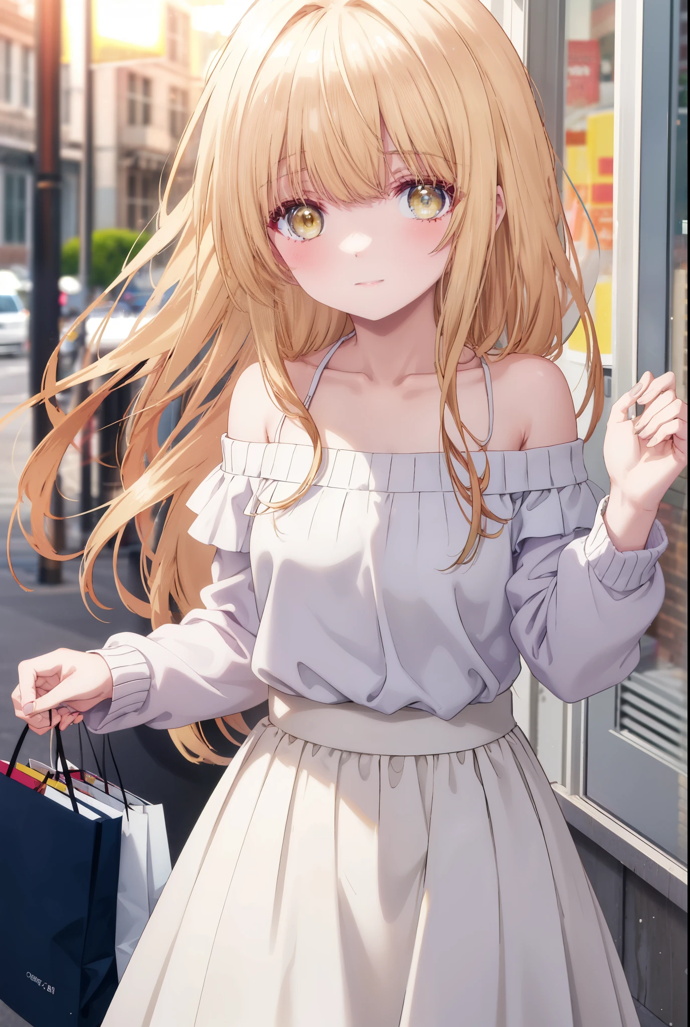 mahirushiina, Mahiru Shiina, bangs, blonde hair, brown hair, (yellow eyes:1.3), blush,smile,naked neck,bare clavicle,bare shoulders,white off shoulder sweater,black long skirt,Cute Sandals,have shopping bags,daytime,Light of the sun,
break outdoors,In town,スーパーマーケット入り口
break looking at viewer,removed from above,whole body, (cowboy shot:1.5),
break (masterpiece:1.2), highest quality, High resolution, unity 8k wallpaper, (figure:0.8), (detailed and beautiful eyes:1.6), highly detailed face, perfect lighting, Very detailed CG, (perfect hands, perfect anatomy),