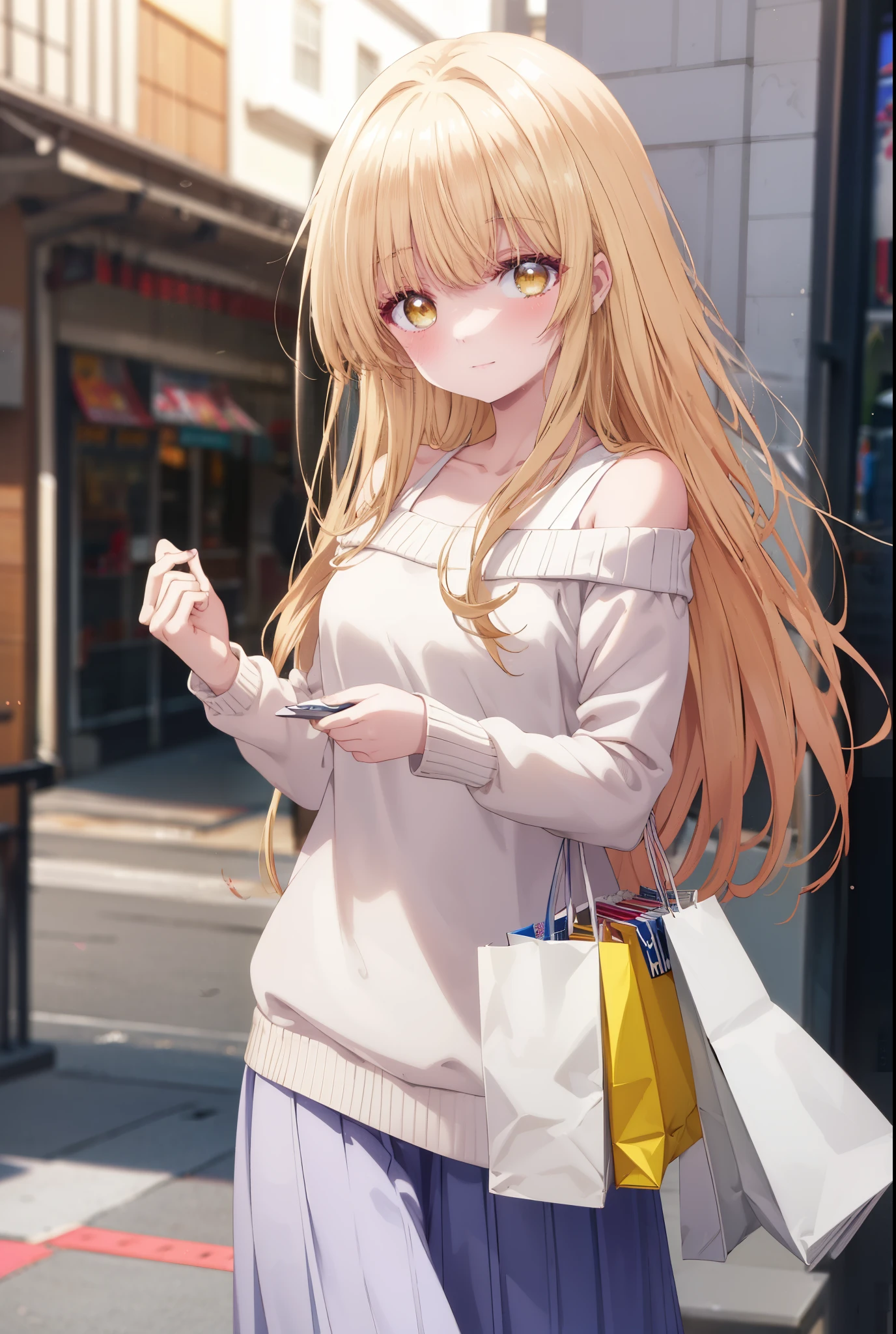mahirushiina, Mahiru Shiina, bangs, blonde hair, brown hair, (yellow eyes:1.3), blush,smile,naked neck,bare clavicle,bare shoulders,white off shoulder sweater,black long skirt,Cute Sandals,have shopping bags,daytime,Light of the sun,
break outdoors,In town,スーパーマーケット入り口
break looking at viewer,removed from above,whole body, (cowboy shot:1.5),
break (masterpiece:1.2), highest quality, High resolution, unity 8k wallpaper, (figure:0.8), (detailed and beautiful eyes:1.6), highly detailed face, perfect lighting, Very detailed CG, (perfect hands, perfect anatomy),