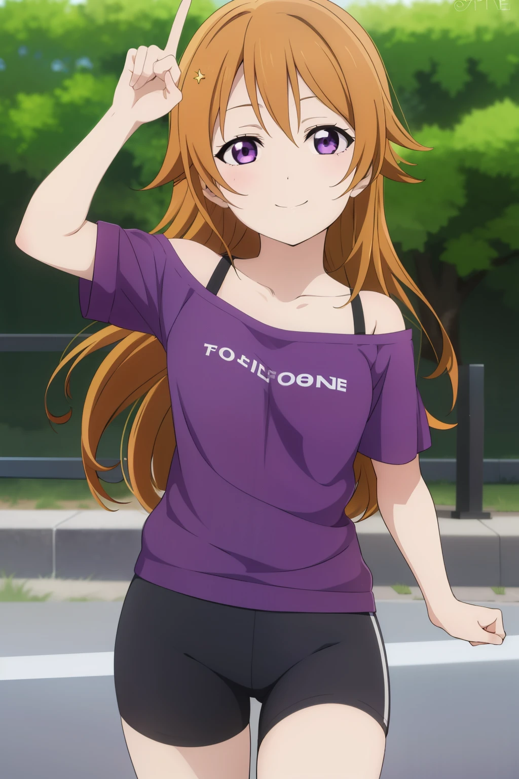 (best quality, masterpiece:1.2), (1girl, solo:1.2), smile, detailed background, (looking at viewer, solo focus:1.2), 
Konoe kanata, long hair, straight hair, purple eyes, brown hair, off-shoulder, purple t-shirt short, short sleeves, standing, two peace sign, solo focus, bike shorts, black bike shorts, looking ahead, 