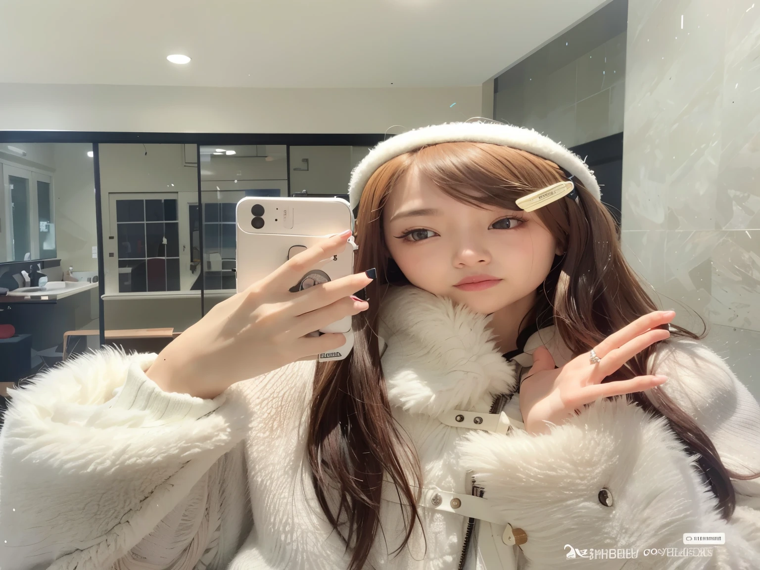 Arafed woman taking a selfie in a mirror with a cell phone., ulzzang, Lalisa Manobal, peinado de corte hime blanco, chica anime en la vida real, con cabello largo and piercing eyes, pale korean adorable face, con cabello largo, pelo largo con flequillo, muchacha coreana, con el pelo largo y blanco, chen xintong, el corte de hime