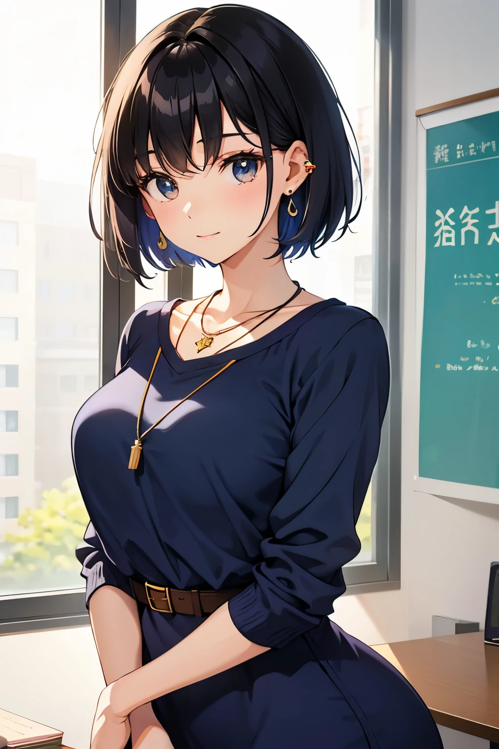 Female college student、Within the university、knit dress、earrings、necklace、short hair、Beautiful butt、Upper body