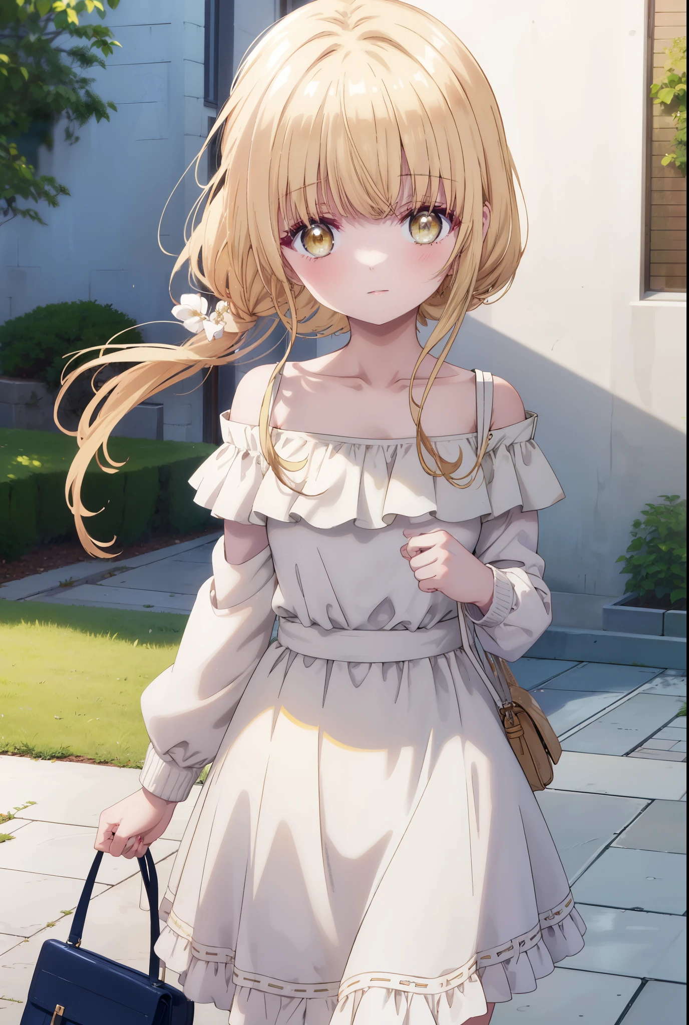 mahirushiina, Mahiru Shiina, bangs, blonde hair, brown hair, (yellow eyes:1.3), blush,smile,naked neck,bare clavicle,bare shoulders,white off shoulder sweater,black long skirt,Cute Sandals,bag:have 1,daytime,Light of the sun,
break outdoors,In town,スーパーマーケット入り口
break looking at viewer,removed from above,whole body, (cowboy shot:1.5),
break (masterpiece:1.2), highest quality, High resolution, unity 8k wallpaper, (figure:0.8), (detailed and beautiful eyes:1.6), highly detailed face, perfect lighting, Very detailed CG, (perfect hands, perfect anatomy),