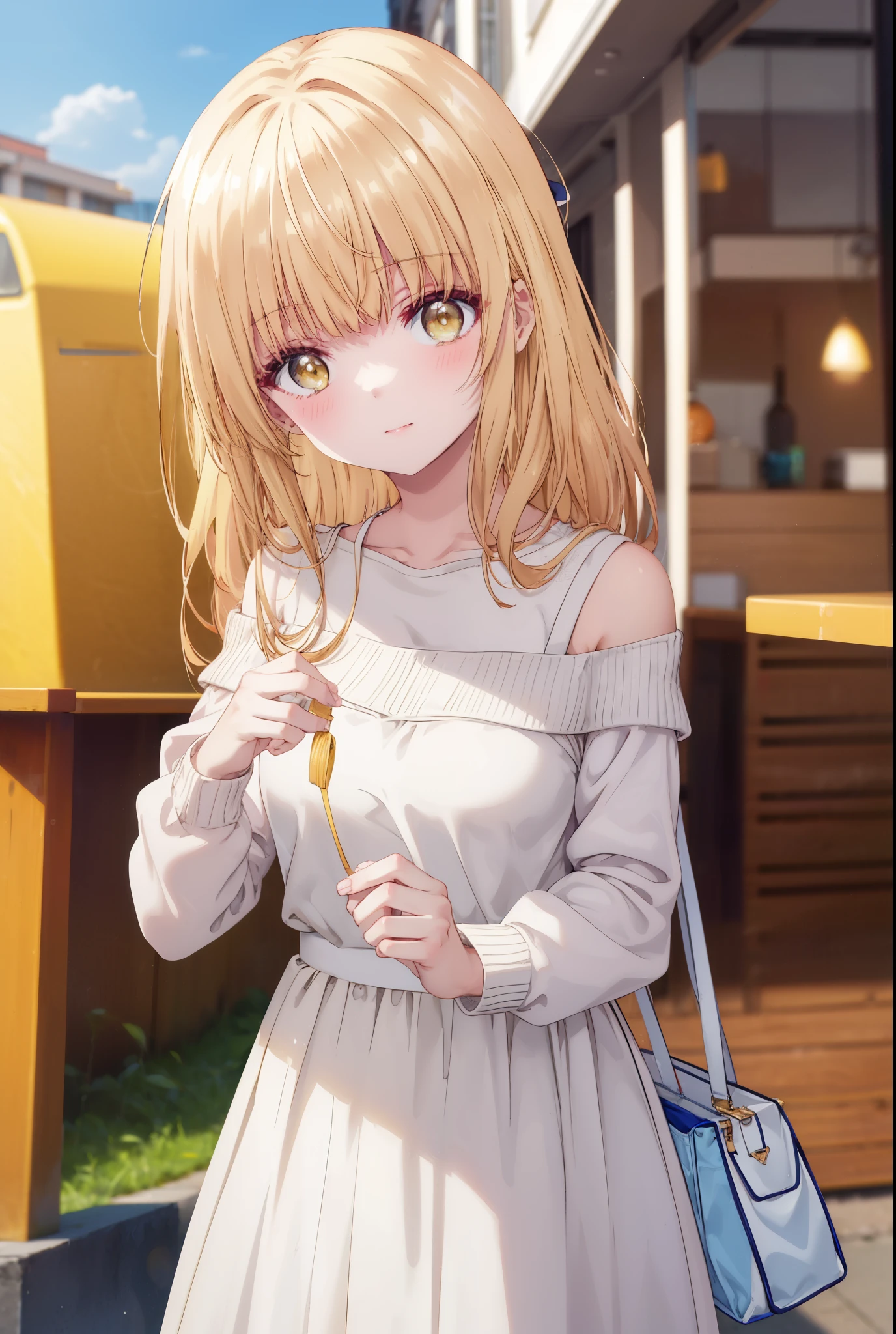 mahirushiina, Mahiru Shiina, bangs, blonde hair, brown hair, (yellow eyes:1.3), blush,smile,naked neck,bare clavicle,bare shoulders,white off shoulder sweater,black long skirt,Cute Sandals,bag:have 1,daytime,Light of the sun,
break outdoors,In town,スーパーマーケット入り口
break looking at viewer,removed from above,whole body, (cowboy shot:1.5),
break (masterpiece:1.2), highest quality, High resolution, unity 8k wallpaper, (figure:0.8), (detailed and beautiful eyes:1.6), highly detailed face, perfect lighting, Very detailed CG, (perfect hands, perfect anatomy),