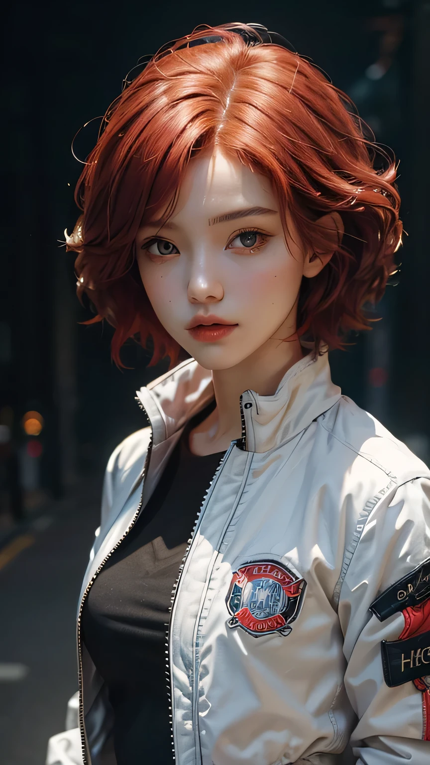 (best quality,masterpiece:1.2),ultra-detailed,realistic:1.37,portrait,girl,red hair,short hair,sexy eyes,black pants,blue and white bomber jacket,upper body,detailed face,beauty,confident expression,attractive,charming,standing posture,studio lighting,vivid colors,subtle bokeh.