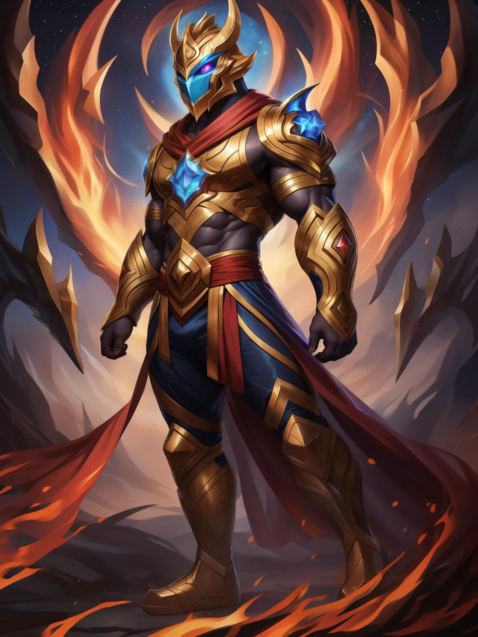 solo, male, humanoid, ((detailed cloth, stars, muscular body)), (brown fur, majestic print), black body, white mask, gold helmet, glowing eyes, Dragon mask, detailed teeth, detailed face, detailed fluffy fur, detailed face, detailed eyes, detailed body, robed armor, detailed face, detailed eyes, dark blue slack pants, sash, gold trimming, armor, red undershirt, red shirt, full body, league of legends splash art, official splash art, riot games concept art, arcana skin, splash art,