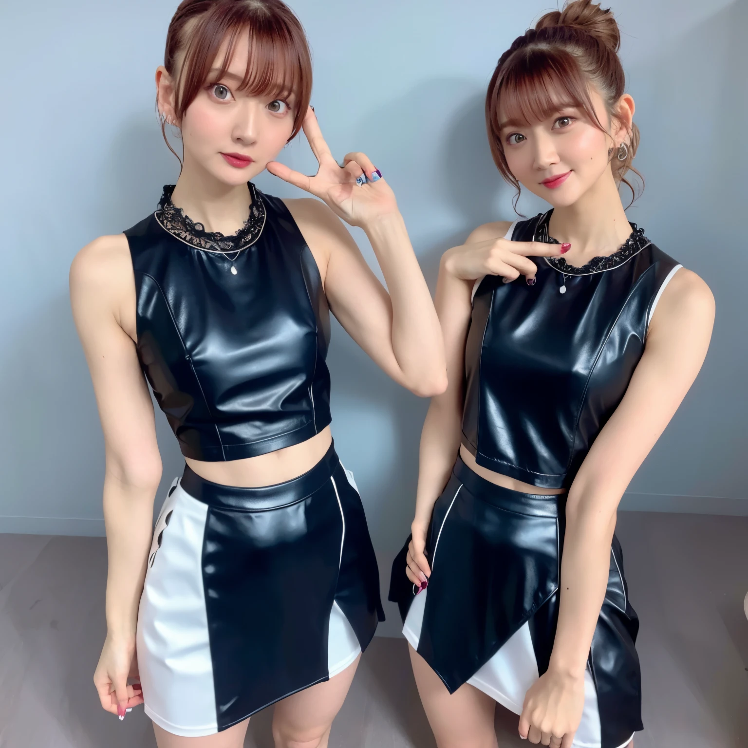 highest quality、Super detailed、body turned sideways、look back、tight shirt、Tight Skirt、short skirt、I can see down to my feet、thin thighs、perfect hands、perfect feet、perfect body、sexy shot, Photoreal, 8k、The outside of the chest is visible、No bra、ordinary chest、beautiful body line、being thin、short hair、cleavage, leather mini skirt, alone, luster