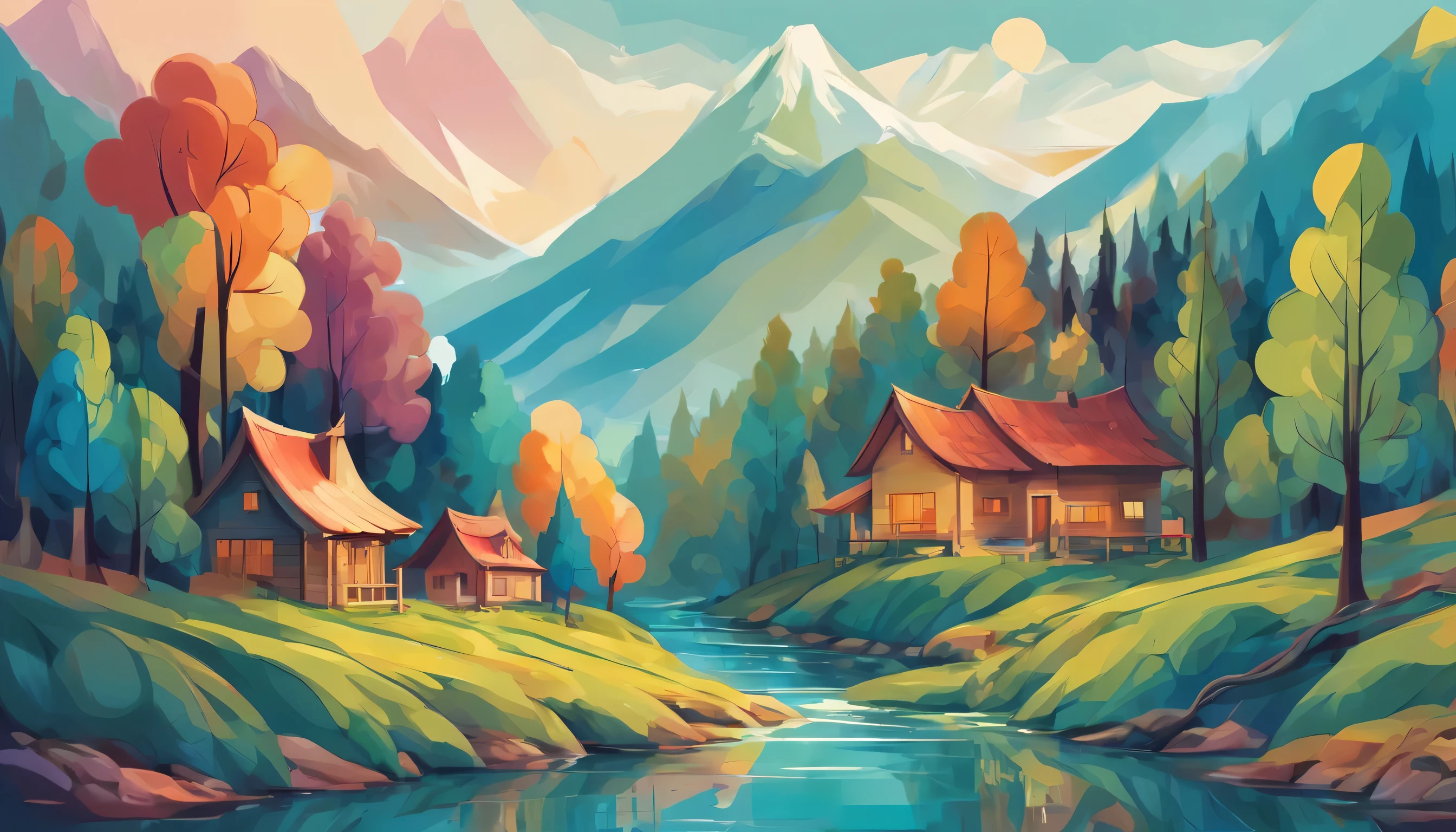 Abstract style forest, mountain, river, house . Non-representational, colors and shapes, expression of feelings, imaginative, highly detailed