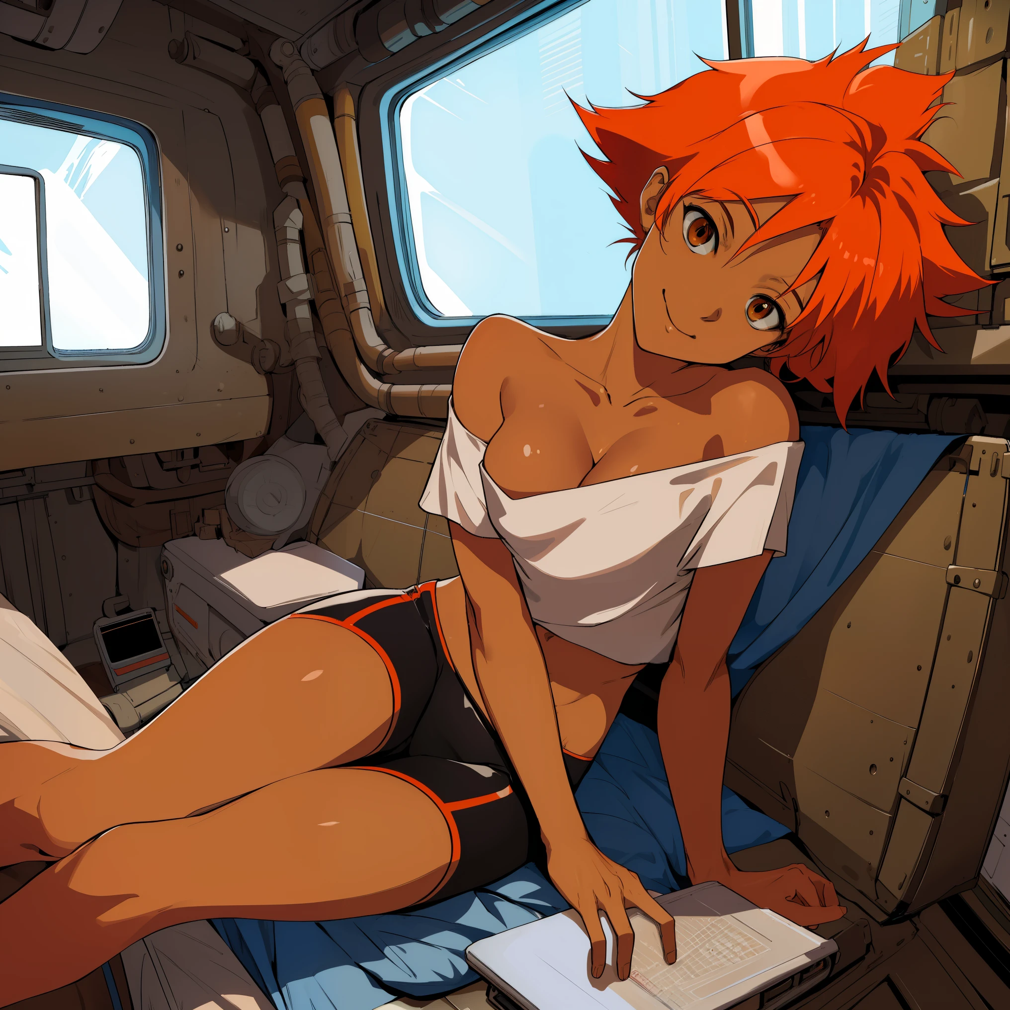 Edward,sitting on floor, laptop in front, midriff,orange hair,white shirt,off shoulder,collarbone,tan skin, black bike shorts,goggles, brown eyes, space station,engine room, smiling, bedroom eyes, breasts, cleavage (insanely detailed, beautiful detailed face, masterpiece, best quality),