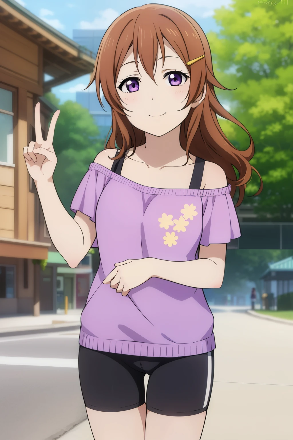 (best quality, masterpiece:1.2), (1girl, solo:1.2), smile, detailed background, (looking at viewer, solo focus:1.2), 
Konoe kanata, long hair, straight hair, purple eyes, brown hair, off-shoulder, purple t-shirt short, short sleeves, standing, two peace sign, solo focus, bike shorts, black bike shorts, looking ahead, 