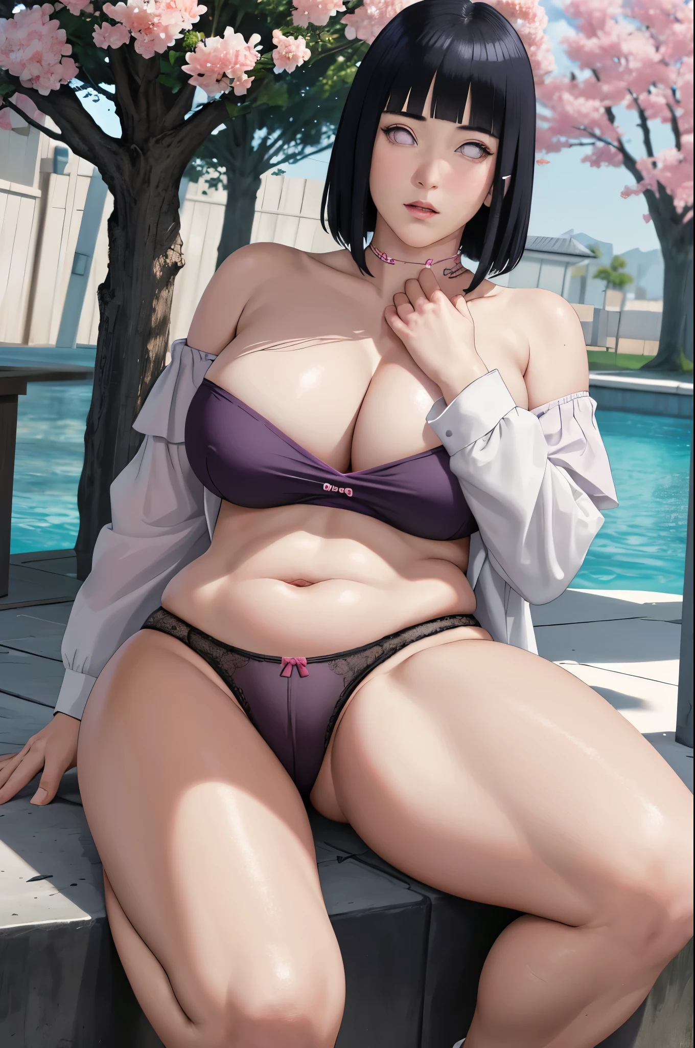 masterpiece, absurdres, hinata\(boruto\), 1girl, solo,mature female, off-shoulder smallsized shirt, looking at viewer, (falling petals), perfect composition, detailed lips, big huge large massive size of breast, beautiful face, body propotion, blush, (pink lips), long hair, purple eyes, soft gaze, super realistic, detailed, photoshoot, realistic face and body, sexual expression, seductive expression, thick bbw chubby. open leg widely. panties.