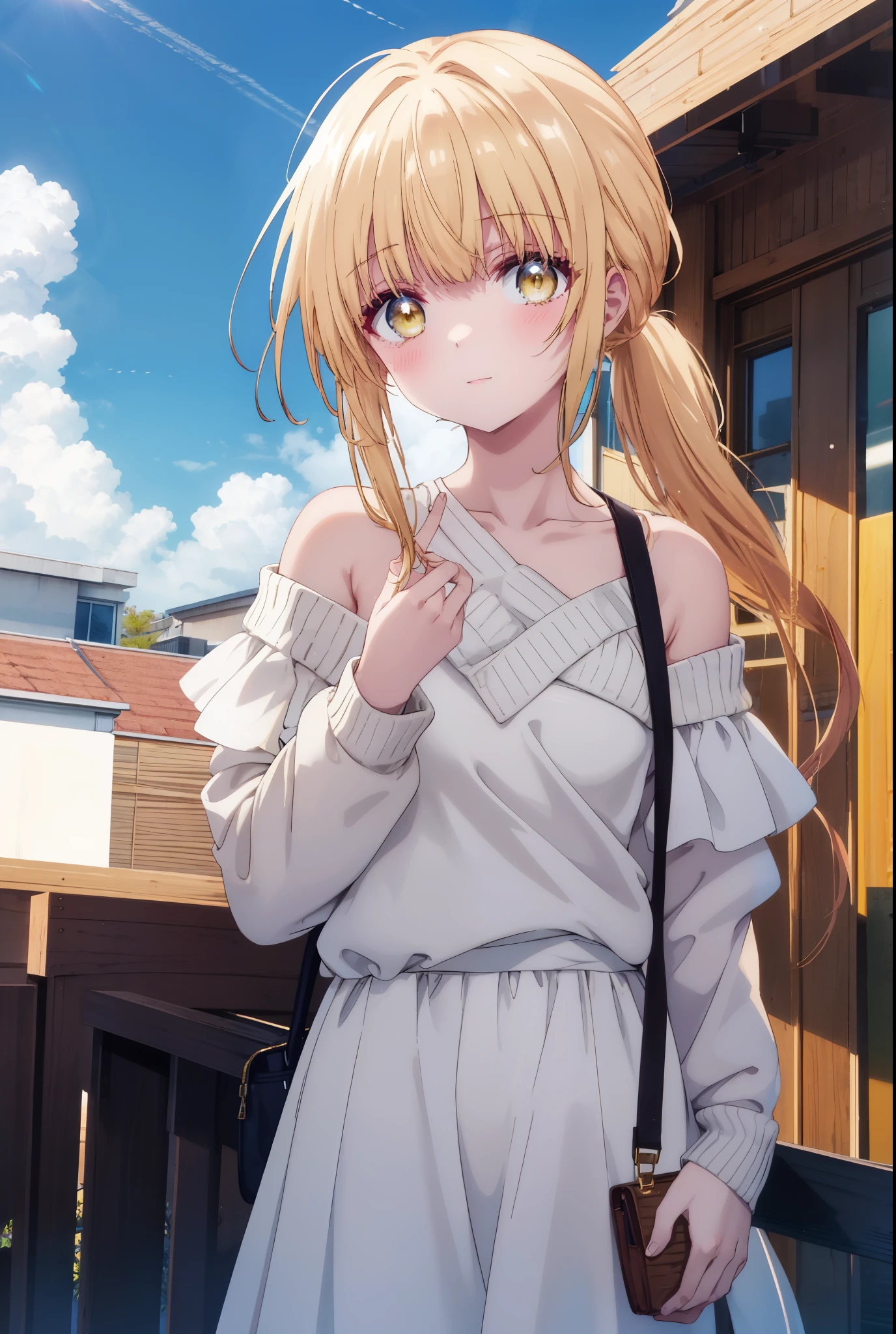 mahirushiina, Mahiru Shiina, bangs, blonde hair, brown hair, (yellow eyes:1.3), low ponytail,blush,smile,naked neck,bare clavicle,bare shoulders,white off shoulder sweater,black long skirt,Cute Sandals,bag:carrying 1 on his shoulder,daytime,Light of the sun,
break outdoors,In town,スーパーマーケット入り口
break looking at viewer,removed from above,whole body, (cowboy shot:1.5),
break (masterpiece:1.2), highest quality, High resolution, unity 8k wallpaper, (figure:0.8), (detailed and beautiful eyes:1.6), highly detailed face, perfect lighting, Very detailed CG, (perfect hands, perfect anatomy),