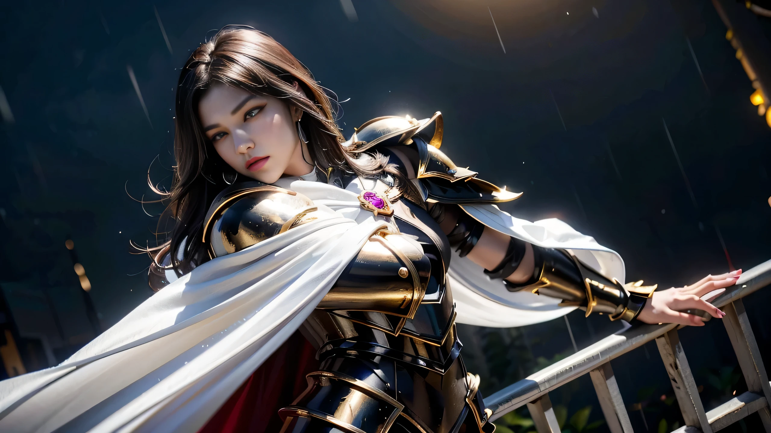 黒と金色のアイアンマンの鎧を着たwoman,full body photo, mix 4, (8k, RAW photo, best quality people, masterpiece: 1.2), (realistic, realistic: 1.37), 1 girl, good, City view, night, rain, moisture, professional lighting, photon mapping, Radio Sidad, Physically based rendering, gradient brunette hair, good, woman, white ball set, excellent image quality, High resolution, 1080p, (bright face), , (masterpiece), (Detailed CG), extreme light and shadow, hair is dirty, masterpiece, Rich details, (exquisite features), (High resolution), (masterpiece), (fine eyes), looking forward to your eyes, (((Set black gold armor on ruby,white cloak))),cowboy fighting pose,full body photo完璧なボディ,(lie:1.3),