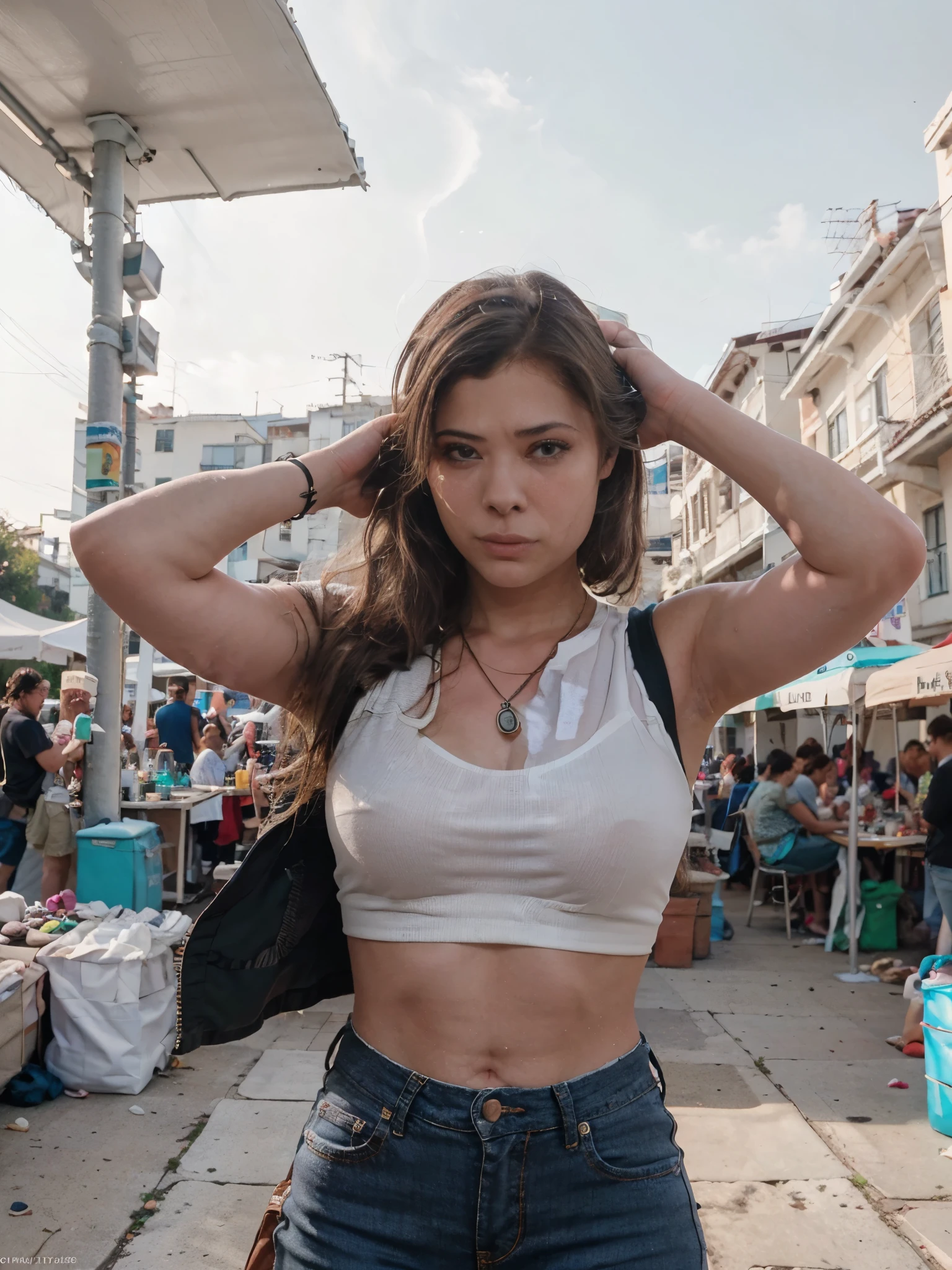 (8K, mais alta qualidade, ultra detalhado:1.37), morena, 18 anos, (uma linda mexicana, Greek girl), mergulha na atmosfera vibrante de um mercado movimentado. Ela usa um crop top moderno com shorts jeans, mostrando seu estilo jovem e moderno. High-resolution image captures ultra-detailed realism, destacando os olhos cativantes de Eliana, Long eyelashes, e tez radiante. The colorful market stalls and lively crowd add to the energy of the scene, creating a visually captivating representation of cultural exploration and diversity.