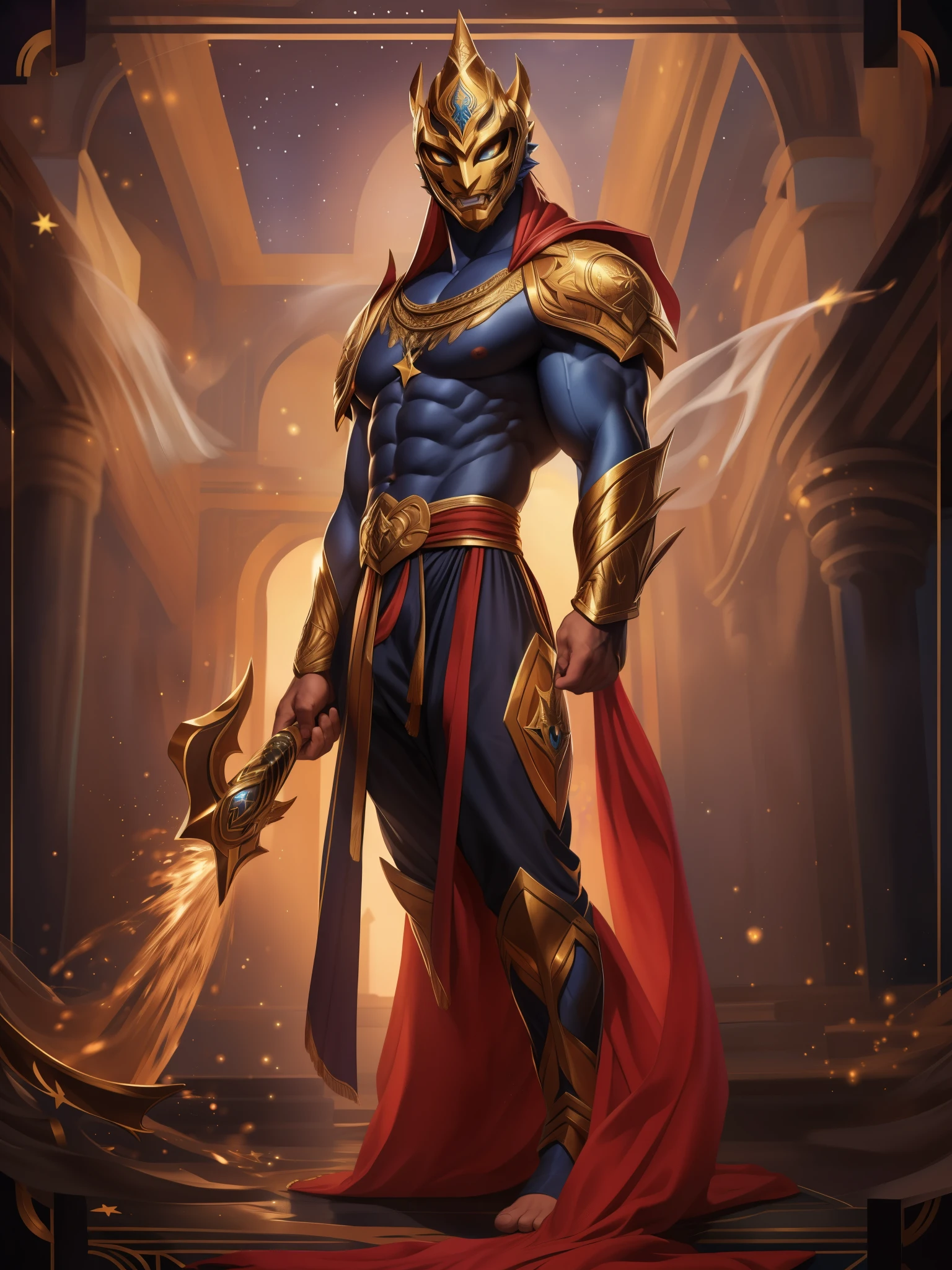 solo, male, humanoid, ((detailed cloth, stars, muscular body)), (brown fur, majestic print), ((black body)), white mask, (gold helmet), glowing eyes, Dragon mask, detailed teeth, detailed face, detailed fluffy fur, detailed face, detailed eyes, gold accessories detailed body, robes, armor, detailed face, detailed eyes, dark blue slack pants, sash, gold trimming, armor, red undershirt, red shirt, full body, splash art, official splash art, arcana skin, splash art, (masterpiece, high quality, hi-res,8k), standing, close-view portrait, looking at viewer, indoor, happy expression, day, smirk, dynamic pose,