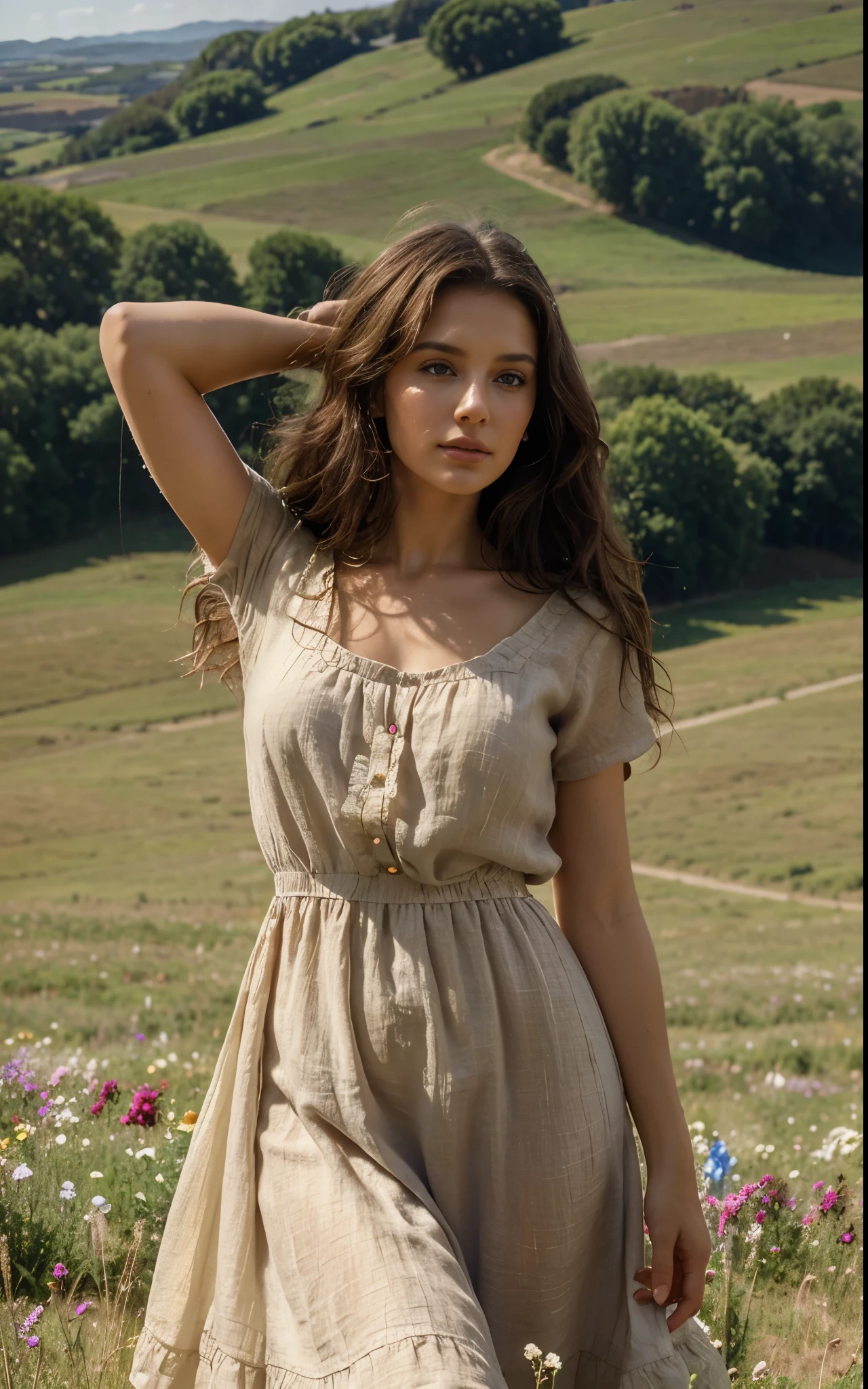 Sultry Italian model, 35 years, Brown curly hair, brunette skin, face with artgram, angelic appearance, in a beautiful linen dress, I&#39;m standing on a hill, full of flowers, and flowers in the background, stretching across vast plains, and overhead the sun shines beautifully (divine) way, widely illuminating the fields, Best quality