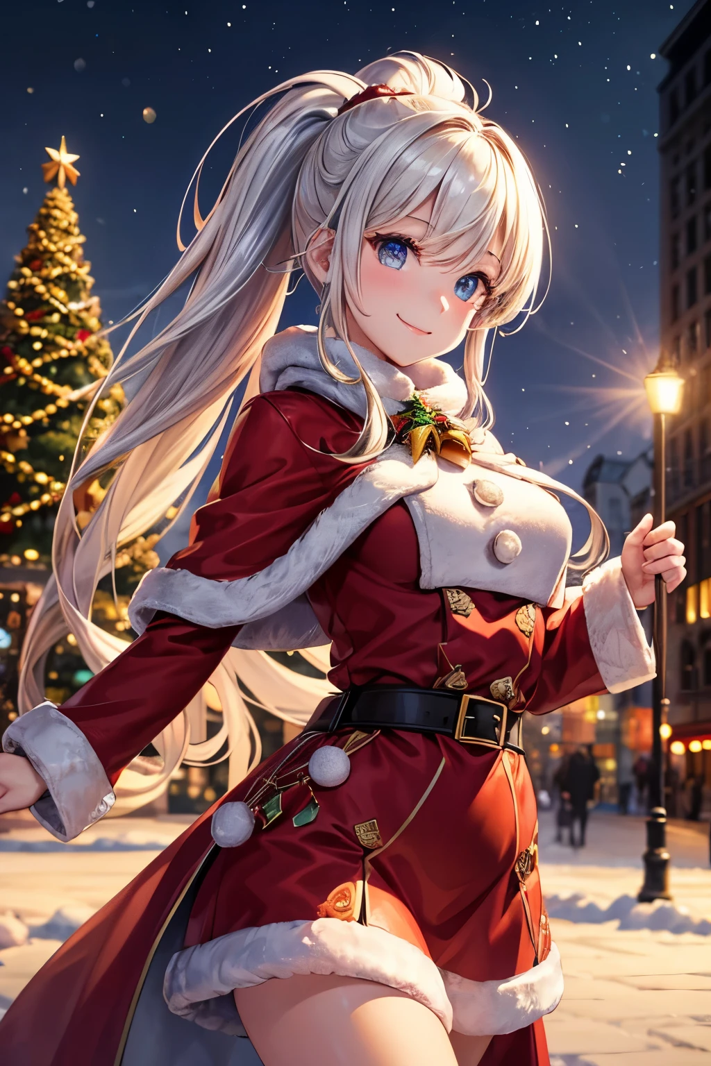 highest quality, High resolution, perfect human structure, Focus of the figure, Front view, shining hair, shining eyes, Christmas, city, winter, coat, Christmas tree, overall angle, Medium chest, Smile, gradient eyes, flowing bangs,ponytail hair