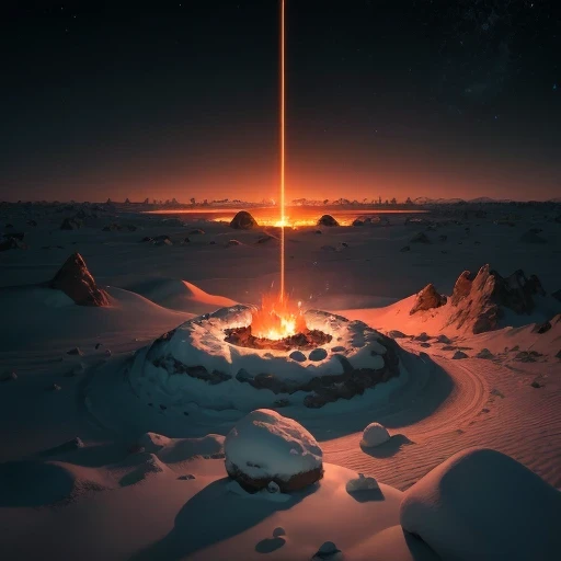 Saturn Landforms，Tilt-shift telephoto，Halogen giant snail god rectangular stone jade bright orange field，AD 6910，Odyssey，Firelight illuminates the ice and snow in the middle of the night，Unreal Engine，Cyberpunk Apocalypse，science fiction stereogram，Digital 3D，CG art