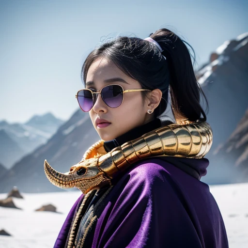 On snowy nights,32k(masterpiece,HD,Ultra high quality,32k)Purple-pink double ponytail,flower stick,Indigo Skull King ,mahogany steering wheel (The skeleton is very realistic:1.4),crocodile print robe,Rusty skull ornaments,Sand gold linen cloak,petals flying,Deep gold sunglasses,Hold your head high,worthy of pride,Look at people through nostrils,A primary and secondary school student, high resolution,Xueba, detail, RAW photos, Sharp Re, Nikon D850 film photo by Jefferies Lee 4 Kodak Portra 400 camera F1.6 guns, colorful, Ultra-realistic and vivid textures, dramatic lighting, Unreal Engine Art Station Trend, Sinest 800,Hold your head high,side,worthy of pride,Look at people through nostrils,arrogant,petals flying,petals flying,Gold dusted crocodile,Fluttering,Impeccable,( Reasonable design, clear lines, HD晰度,best quality, Very detailed skeleton, masterpiece的骨架, official art, movie lighting effects, 8K crocodile skeleton(((Platinum marble sunglasses)))Deep gold sunglasses,side肖像