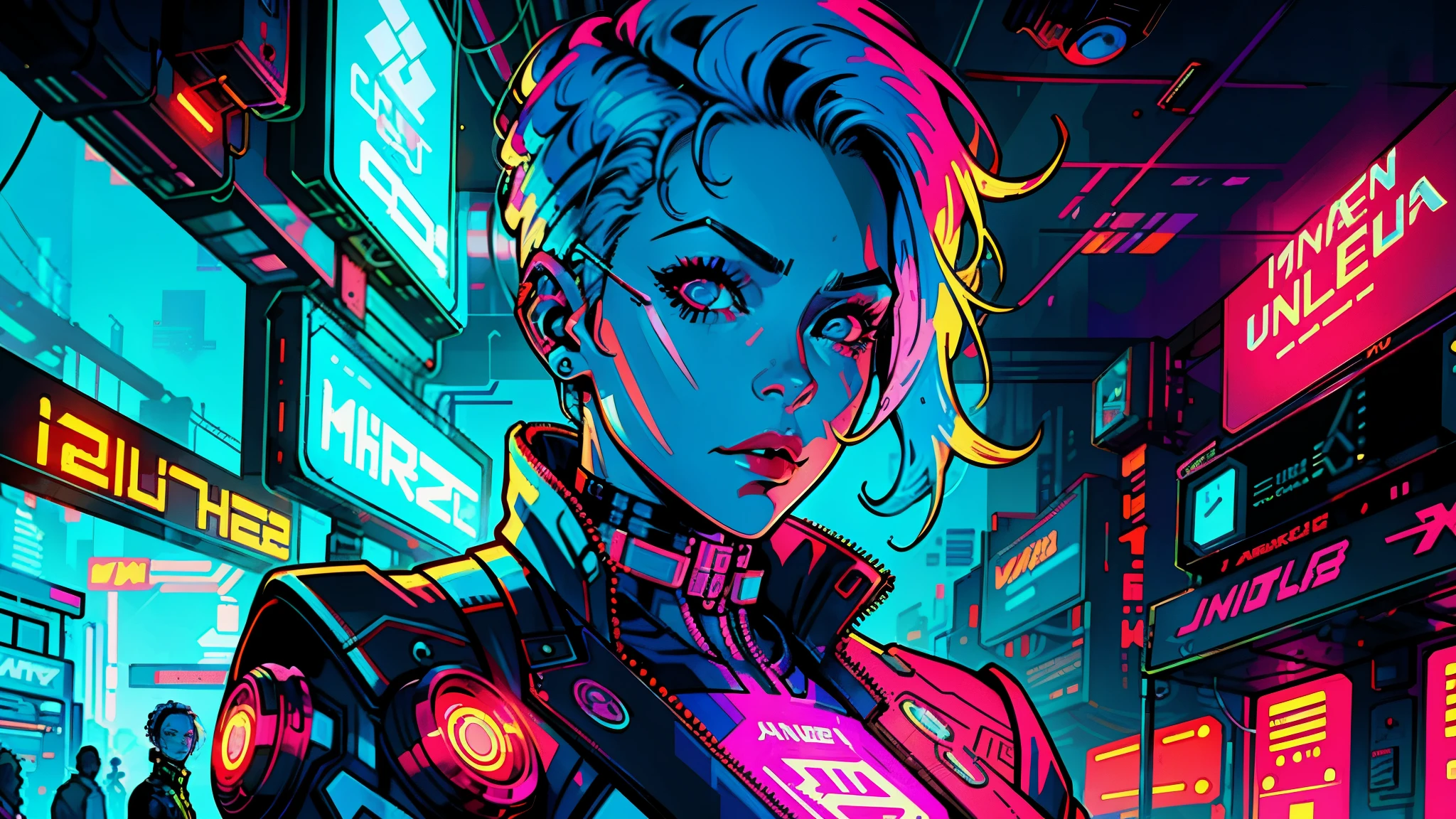Digital illustration of a woman with blue hair, Cyberpunk art by Laurie Greasley, winner of the behance contest, Afrofuturism, synthwave, neon, glowing neon