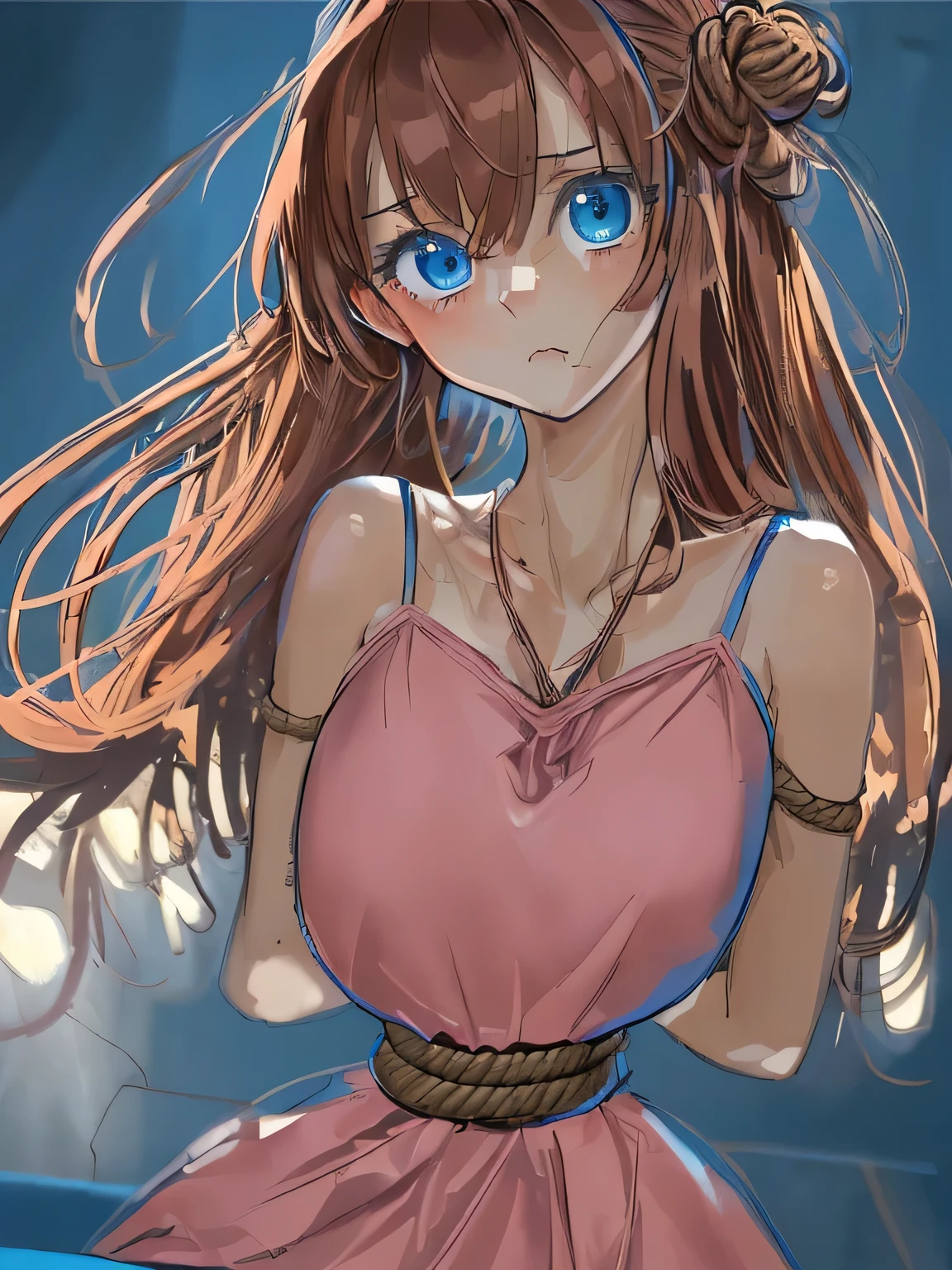 ((masterpiece)), ((highest quality)), (super detailed), torture chamber,(((Waist bound tightly with rope))),pretty girl, 1 girl, alone,pink tank top one piece dress,beautiful brown hair, (beautiful blue eyes), long hair, expression of agony