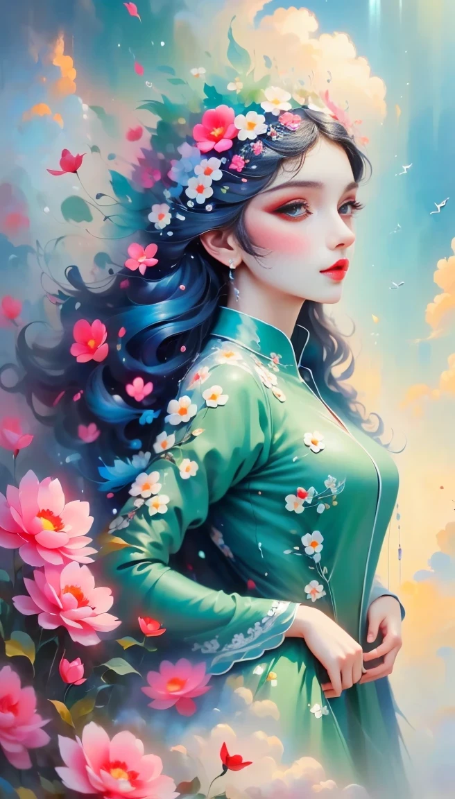 (((White cloud background))), (((high saturation))), ((Surrounded by brilliant colors)))) super detailed, Beautiful and beautiful, masterpiece, best quality, (tangled, mandala, tangled, twist), (Fractal art: 1.3), 1 girl, Very detailed, dynamic angle, cowboy shooting, Chaos in its most beautiful form, elegant, brutalist design, bright colors, romanticism, Michael Mraz, Adrian Gurney, Petra Courtright, Atmospheric, ecstatic notes, Mobile phone notes are visible