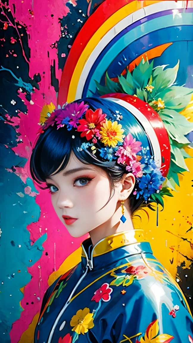 (masterpiece, best quality:1.2), Graffiti漫画，Graffiti, wall, whole picture, High resolution and high contrast,simple,knight，alone，Abstract surreal colors, popular geometric surrealism, rainbow colored dreams