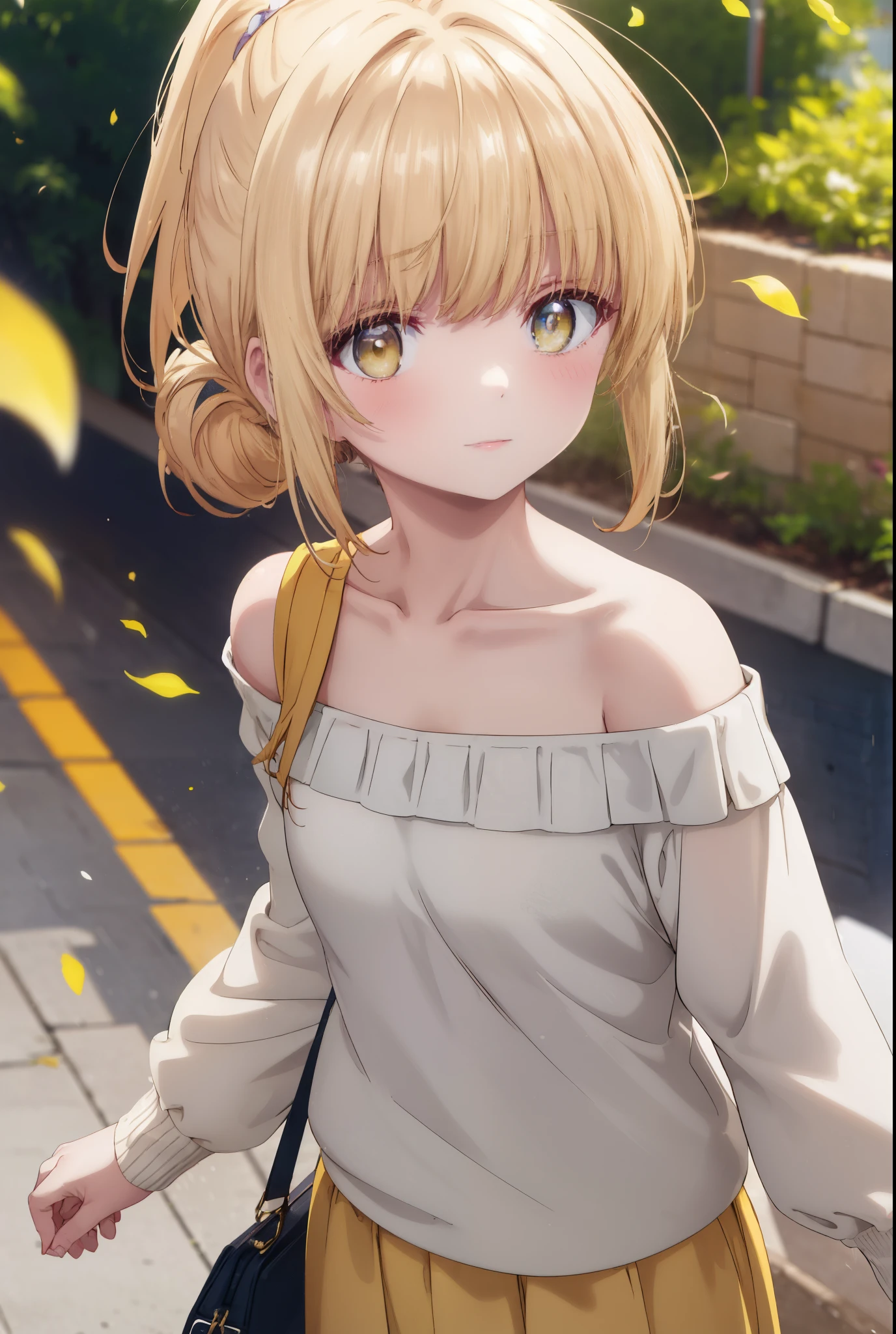 mahirushiina, Mahiru Shiina, bangs, blonde hair, brown hair, (yellow eyes:1.3), low ponytail,blush,smile,naked neck,bare clavicle,bare shoulders,white off shoulder sweater,black long skirt,Cute Sandals,bag:carrying 1 on his shoulder,daytime,Light of the sun,
break outdoors,In town,スーパーマーケット入り口
break looking at viewer,removed from above,whole body, (cowboy shot:1.5),
break (masterpiece:1.2), highest quality, High resolution, unity 8k wallpaper, (figure:0.8), (detailed and beautiful eyes:1.6), highly detailed face, perfect lighting, Very detailed CG, (perfect hands, perfect anatomy),