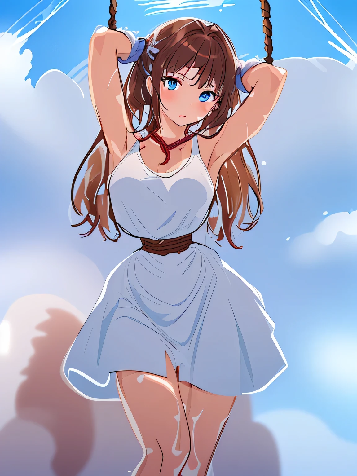 ((masterpiece)), ((highest quality)), (super detailed), torture chamber,(((Waist bound tightly with rope))),pretty girl, 1 girl, alone,white tank top one piece dress,beautiful brown hair, (beautiful blue eyes), long hair, expression of agony