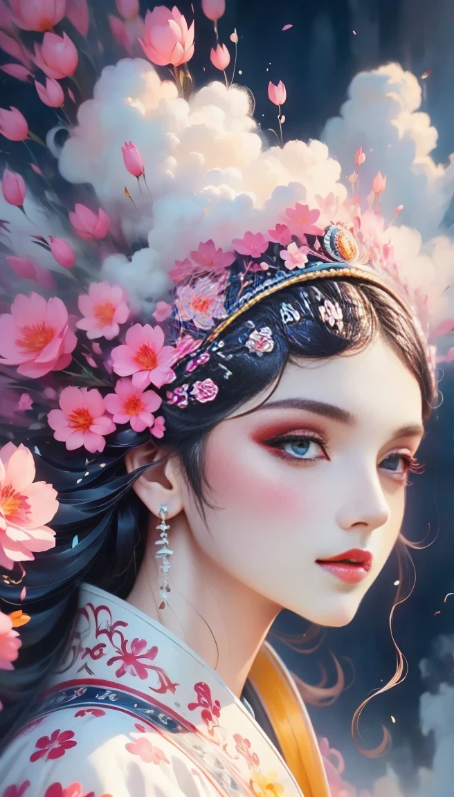 (((White cloud background))), (((high saturation))), ((Surrounded by brilliant colors)))) super detailed, Beautiful and beautiful, masterpiece, best quality, (tangled, mandala, tangled, twist), (Fractal art: 1.3), 1 girl, Very detailed, dynamic angle, cowboy shooting, Chaos in its most beautiful form, elegant, brutalist design, bright colors, romanticism, Michael Mraz, Adrian Gurney, Petra Courtright, Atmospheric, ecstatic notes, Mobile phone notes are visible