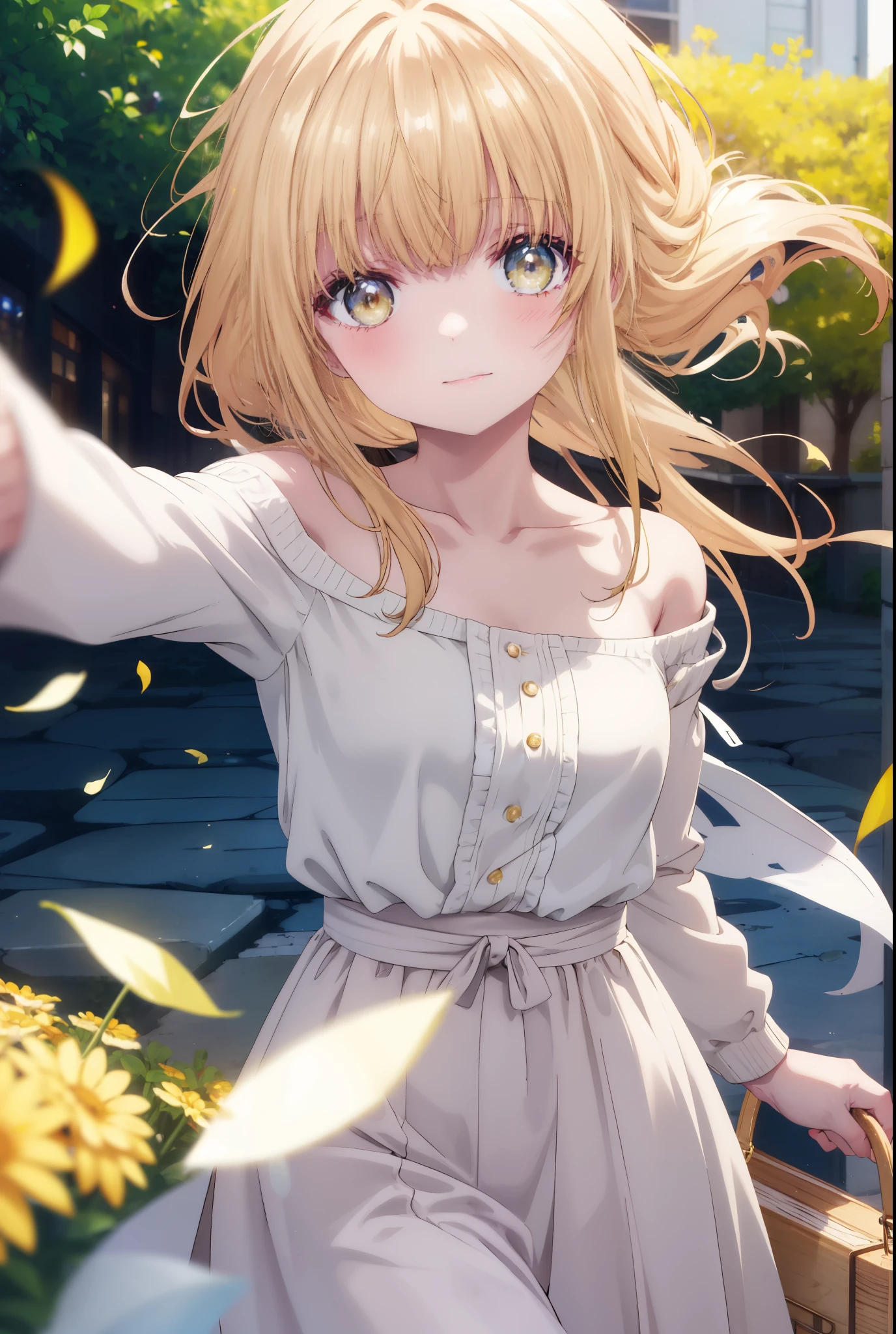 mahirushiina, Mahiru Shiina, bangs, blonde hair, brown hair, (yellow eyes:1.3)long straight hair,,blush,smile,naked neck,bare clavicle,bare shoulders,white off shoulder sweater,black long skirt,Cute Sandals,bag:carrying 1 on his shoulder,daytime,Light of the sun,
break outdoors,In town,スーパーマーケット入り口
break looking at viewer,removed from above,whole body, (cowboy shot:1.5),
break (masterpiece:1.2), highest quality, High resolution, unity 8k wallpaper, (figure:0.8), (detailed and beautiful eyes:1.6), highly detailed face, perfect lighting, Very detailed CG, (perfect hands, perfect anatomy),