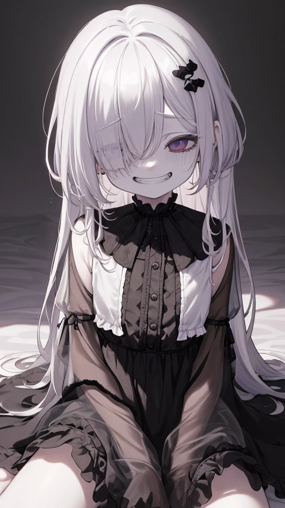 (6 year old girl,one girl,,pale skin,,Eyes without highlights,No expression,see-through nightgown,,,,),,,,(cute:1.2),,,(masterpiece, highest quality, Super detailed, focus on character),,Low - Angle,,,sit on bed,,,hair over both eyes,magersucht,morbid mood,sicko creep,,unwholesome pallor,morbid fascination,morbid phenomenon,pathological laughing,diseased state,morbid condition,grin,,,,,,,,,,,,,,,,,