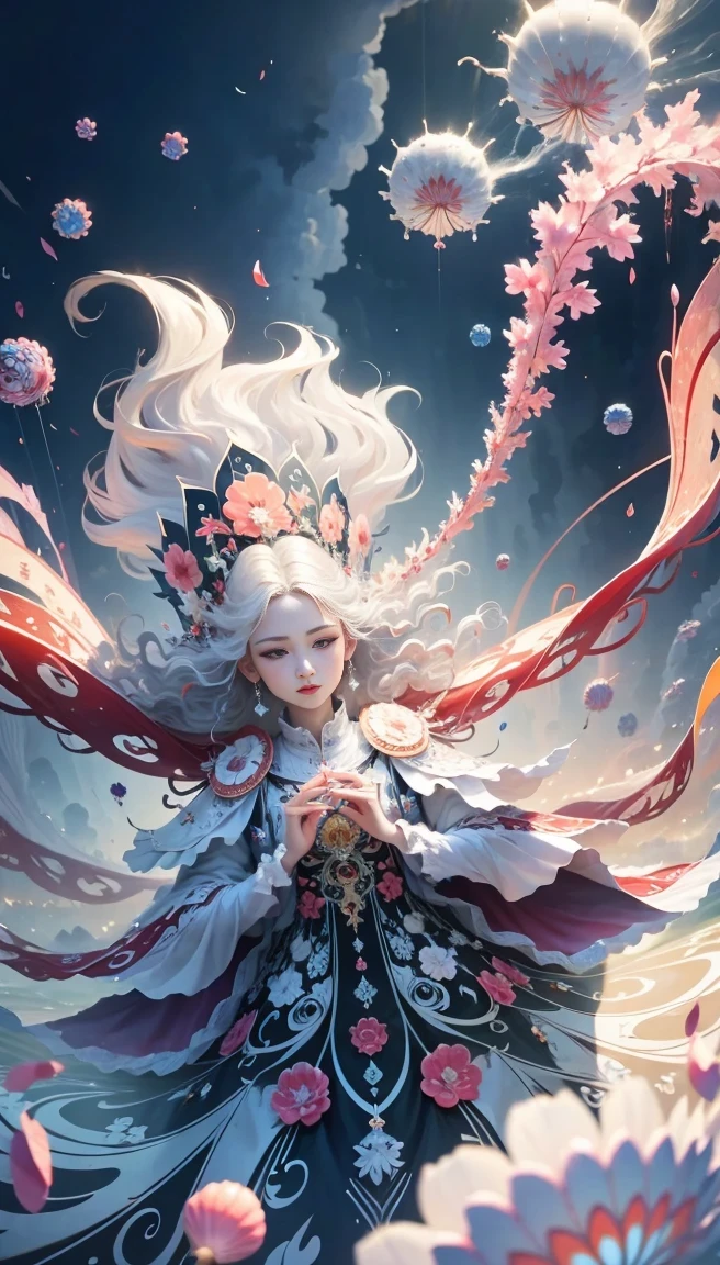 (((White cloud background))), (((high saturation))), ((Surrounded by brilliant colors)))) super detailed, Beautiful and beautiful, masterpiece, best quality, (tangled, mandala, tangled, twist), (Fractal art: 1.3), 1 jellyfish, Very detailed, dynamic angle, cowboy shooting, Chaos in its most beautiful form, elegant, brutalist design, bright colors, romanticism, Michael Mraz, Adrian Gurney, Petra Courtright, Atmospheric, ecstatic notes, Mobile phone notes are visible