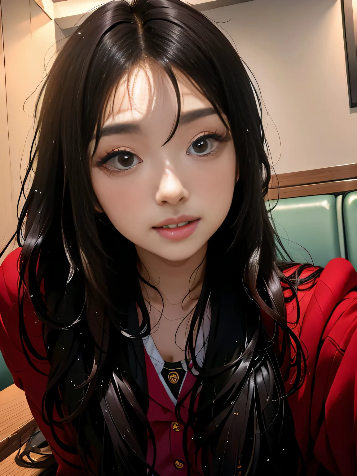 Close-up of long-haired woman sitting at table, Bae Xiuzhi, Nam Jae Hwa, jinyoung shin, 19 year old girl, Cui Xianhua, korean girl, 22 years old, Dilireba, 18 years old, Beautiful Korean woman, 21 years old, Young cute asian face