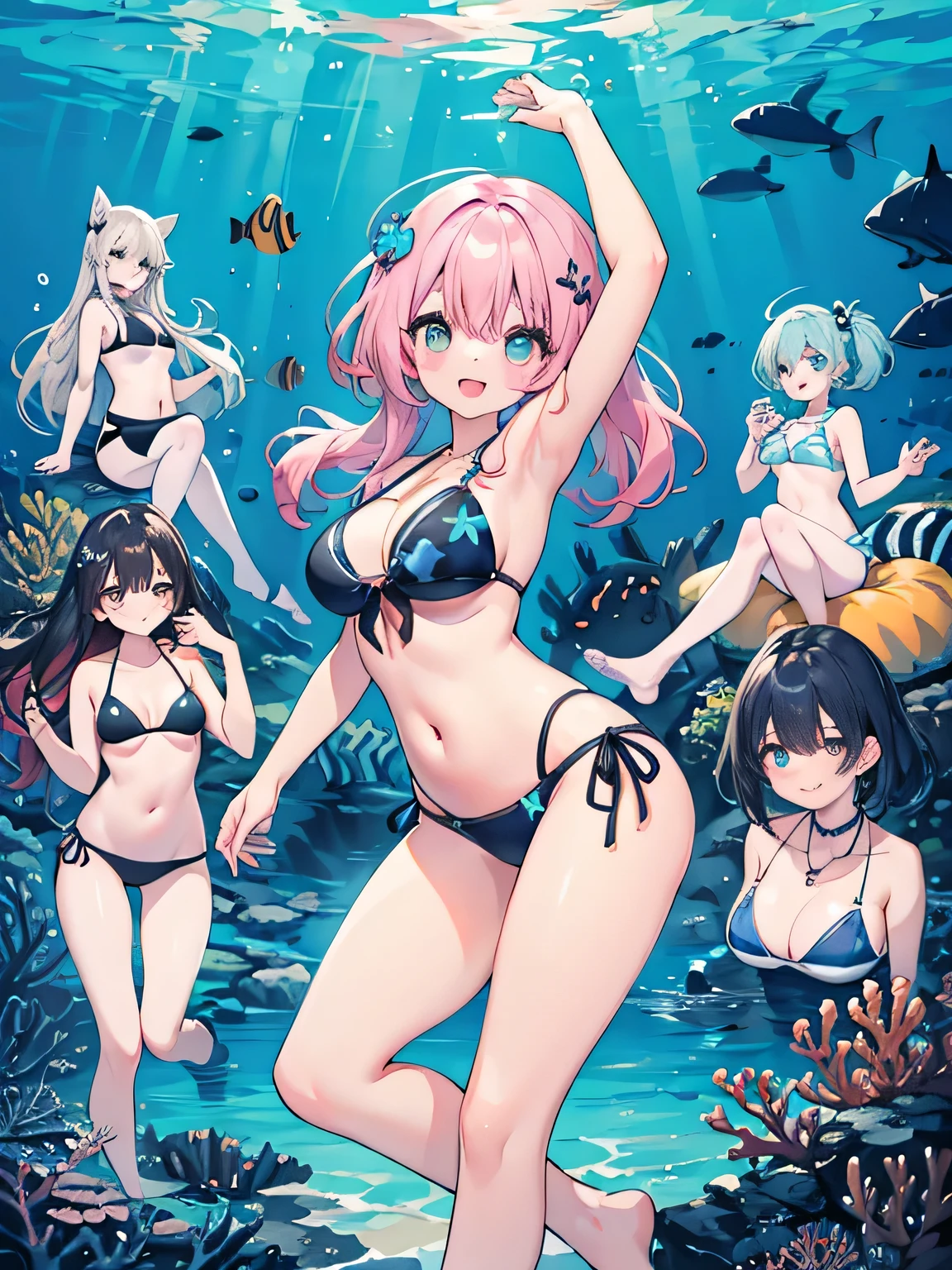 highest quality、High resolution、detailed background、beautiful woman in her 20s、(5 women)、under the deep sea、cute hairstyle、Large chest black bikini with flashy patterns and flashy colors、smile、emphasize the buttocks、Please show me your armpits