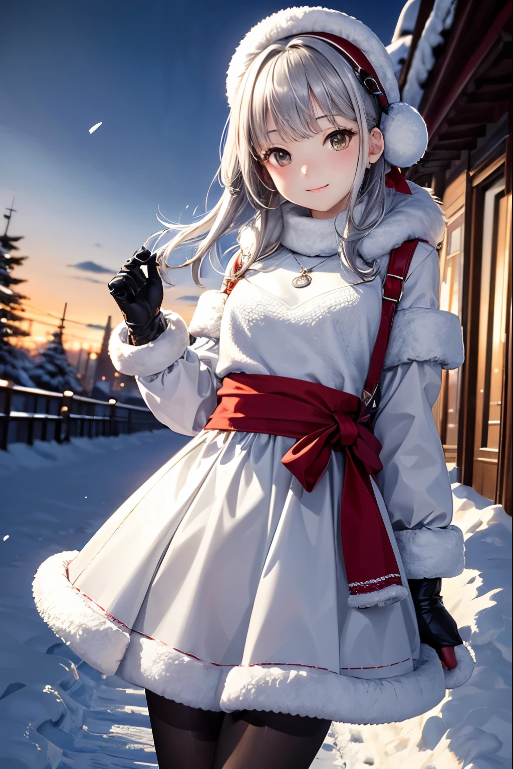 (table top, highest quality:1.2), 1 girl, alone, cute, cute, digital art、snow scene、Gun holder at waist、Barbary skirt、Snowy town background,daytime, embarrassed look, silver hair(short)、red gloves、fur earmuffs、glowing skin、small face beauty,  heart shaped necklace,low angle lens、perfect composition、Perfect light and shadow delicacy、In 8K