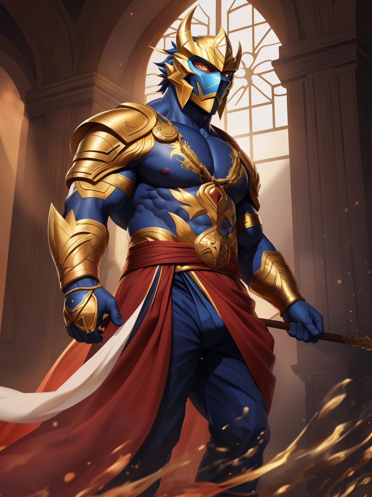 solo, male, humanoid, ((detailed cloth, stars, muscular body)), (brown fur, majestic print), ((black body)), white mask, (gold helmet), glowing eyes, Dragon mask, detailed teeth, detailed face, detailed fluffy fur, detailed face, detailed eyes, gold accessories detailed body, robes, armor, detailed face, detailed eyes, dark blue slack pants, sash, gold trimming, armor, red undershirt, red shirt, full body, splash art, official splash art, arcana skin, splash art, (masterpiece, high quality, hi-res,8k), standing, close-view portrait, looking at viewer, indoor, happy expression, day, smirk, dynamic pose,