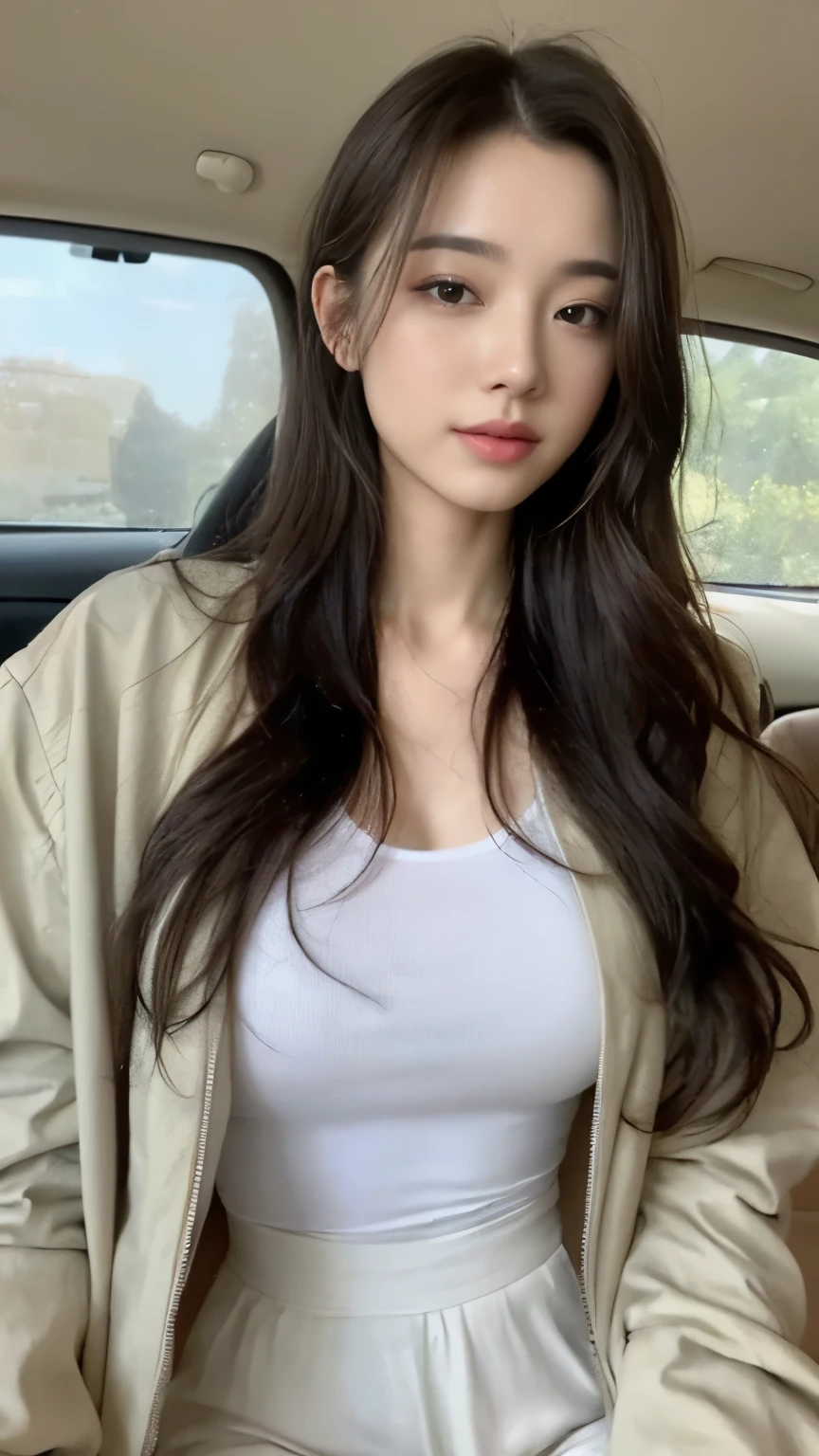 ((top-quality、8k、​masterpiece:1.3))、Beautiful woman with perfect body:1.4、slim abdomen:1.2、Longhair, normal breast, Highly detailed facial and skin texture, A detailed eye, delicate eyes, double eyelid, (smile), (full body shot), ((in the car)), (sitting in the car), (((wearing white t-shirt with jacket)), looking in front