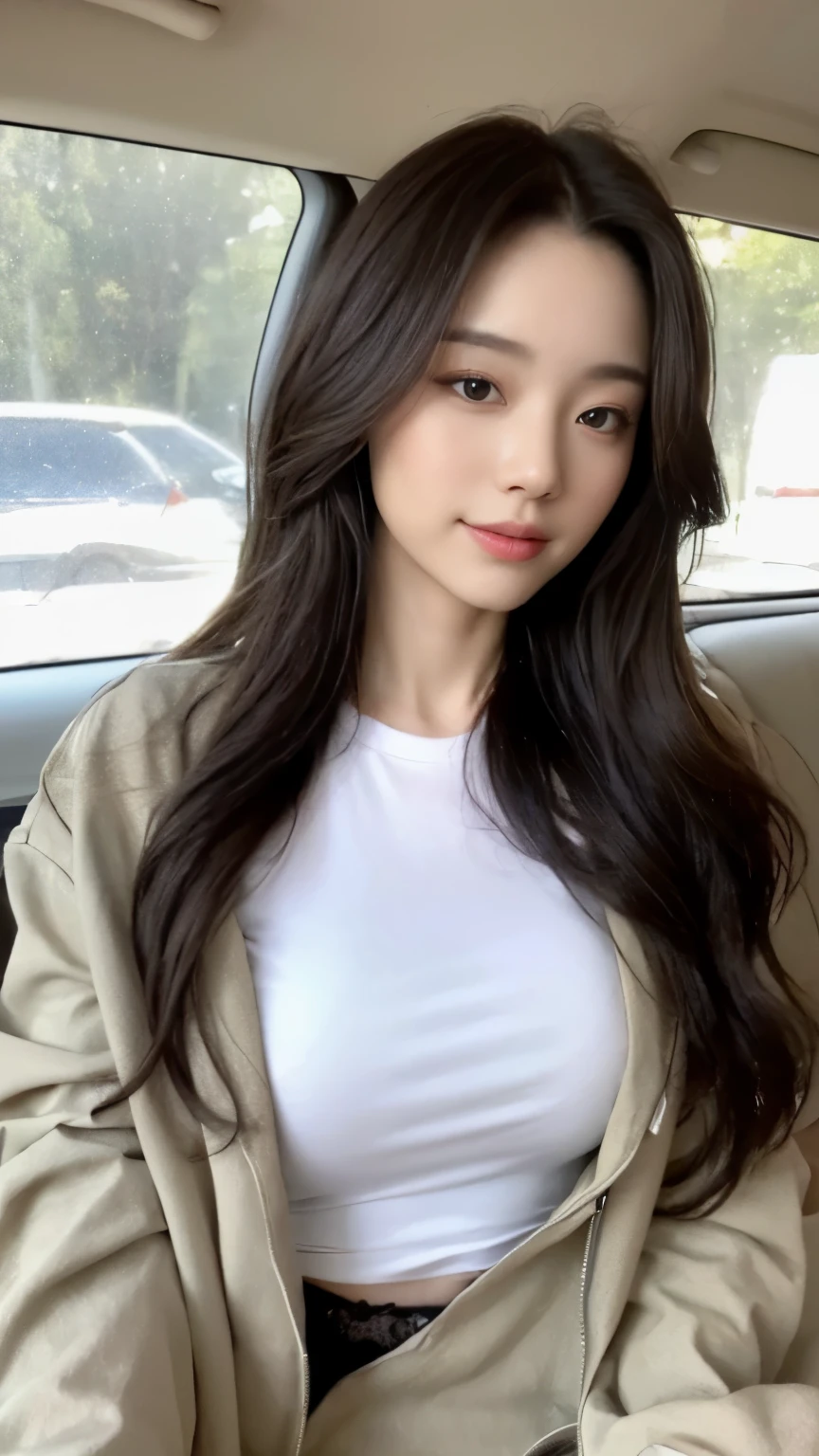 ((top-quality、8k、masterpiece:1.3))、Beautiful woman with perfect body:1.4、slim abdomen:1.2、Longhair, normal breast, Highly detailed facial and skin texture, A detailed eye, delicate eyes, double eyelid, (smile), (full body shot), ((in the car)), (sitting in the car), (((wearing white t-shirt with jacket)), looking in front